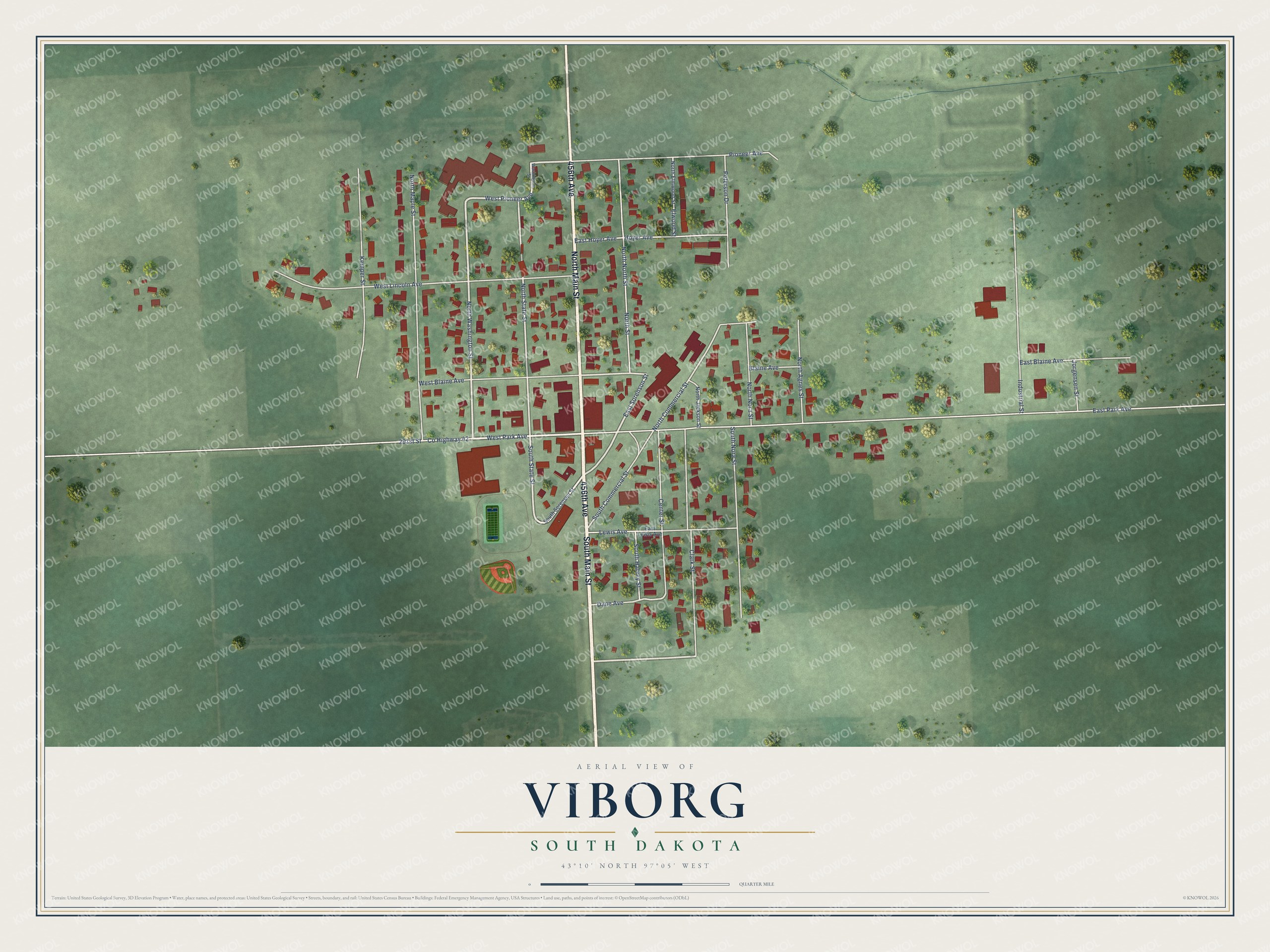 Full map of Viborg, South Dakota, with red buildings, printed street names and the land around them