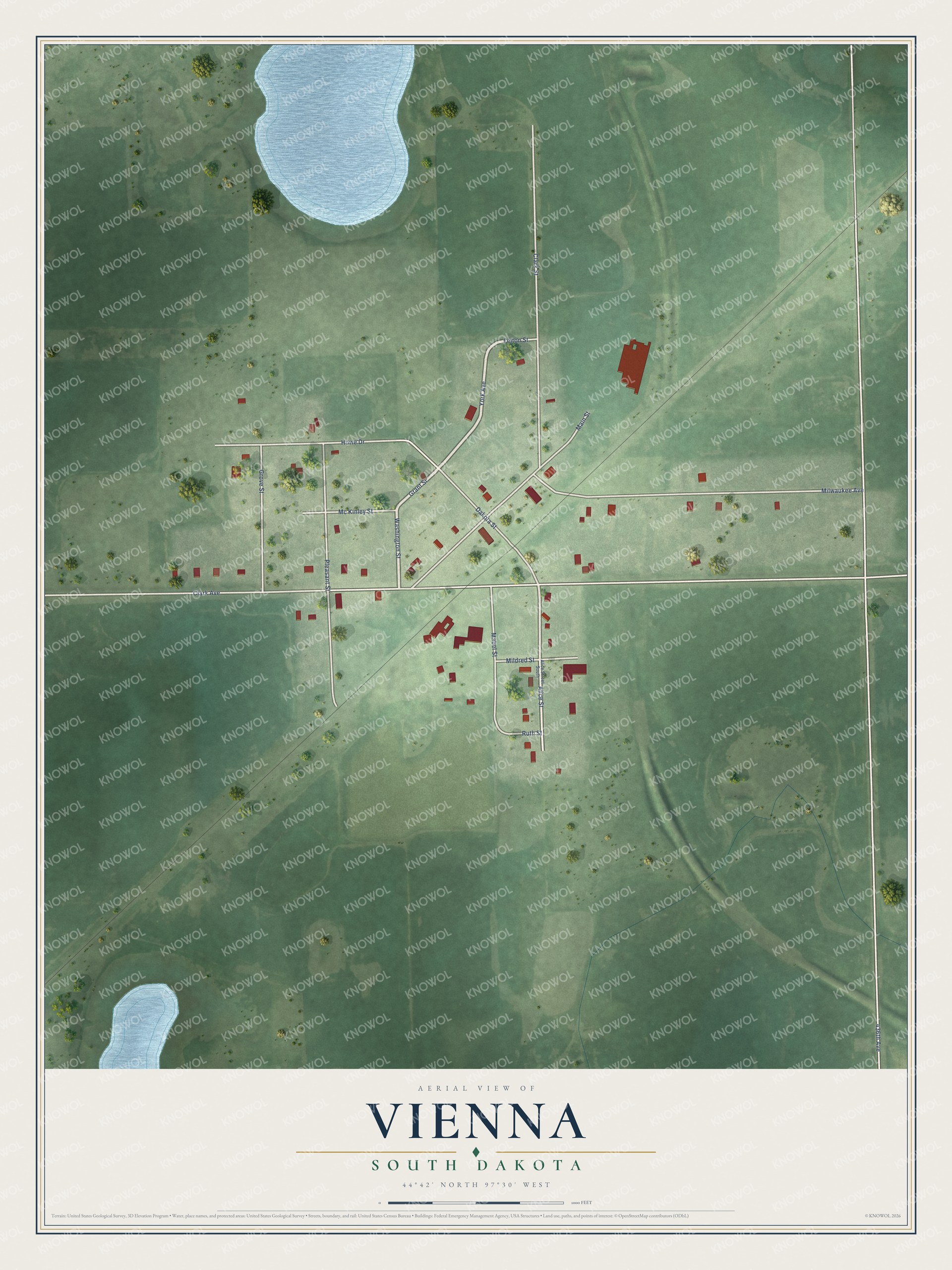 Full map of Vienna, South Dakota, with red buildings, printed street names and the land around them