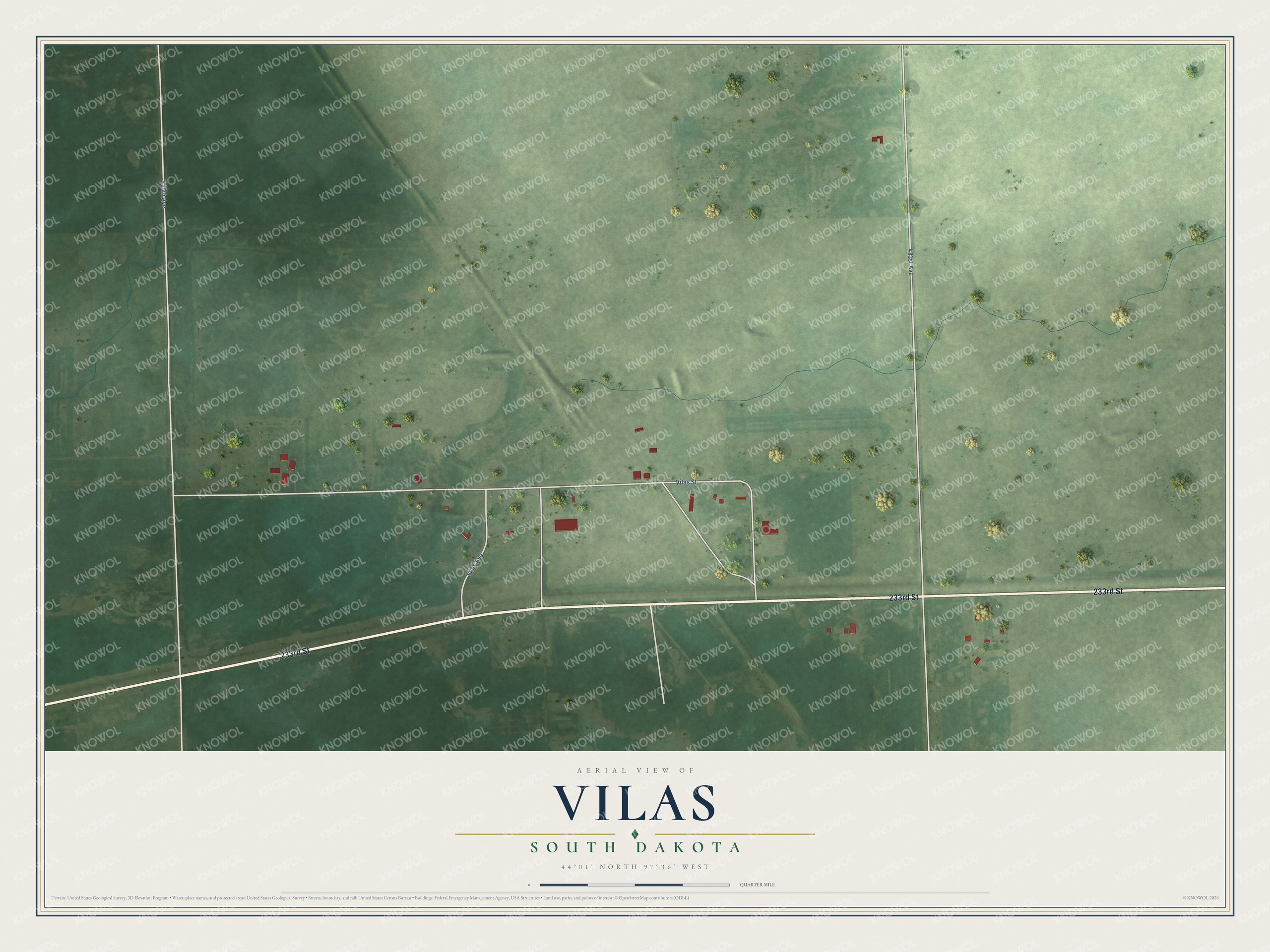 Full map of Vilas, South Dakota, with red buildings, printed street names and the land around them