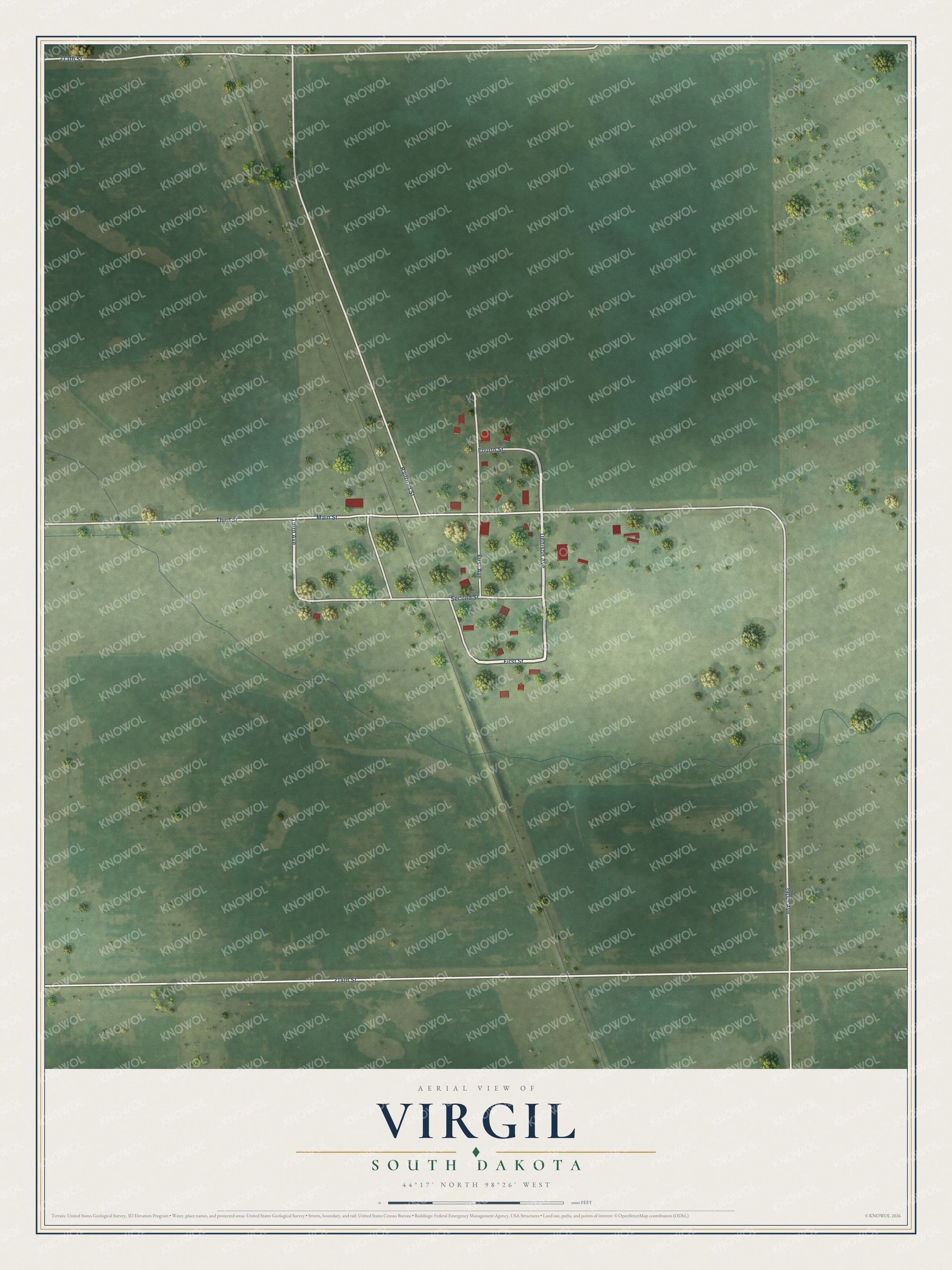 Full map of Virgil, South Dakota, with red buildings, printed street names and the land around them