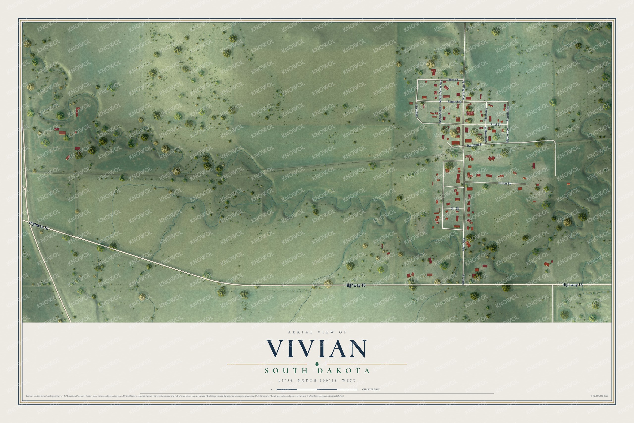 Full map of Vivian, South Dakota, with red buildings, printed street names and the land around them