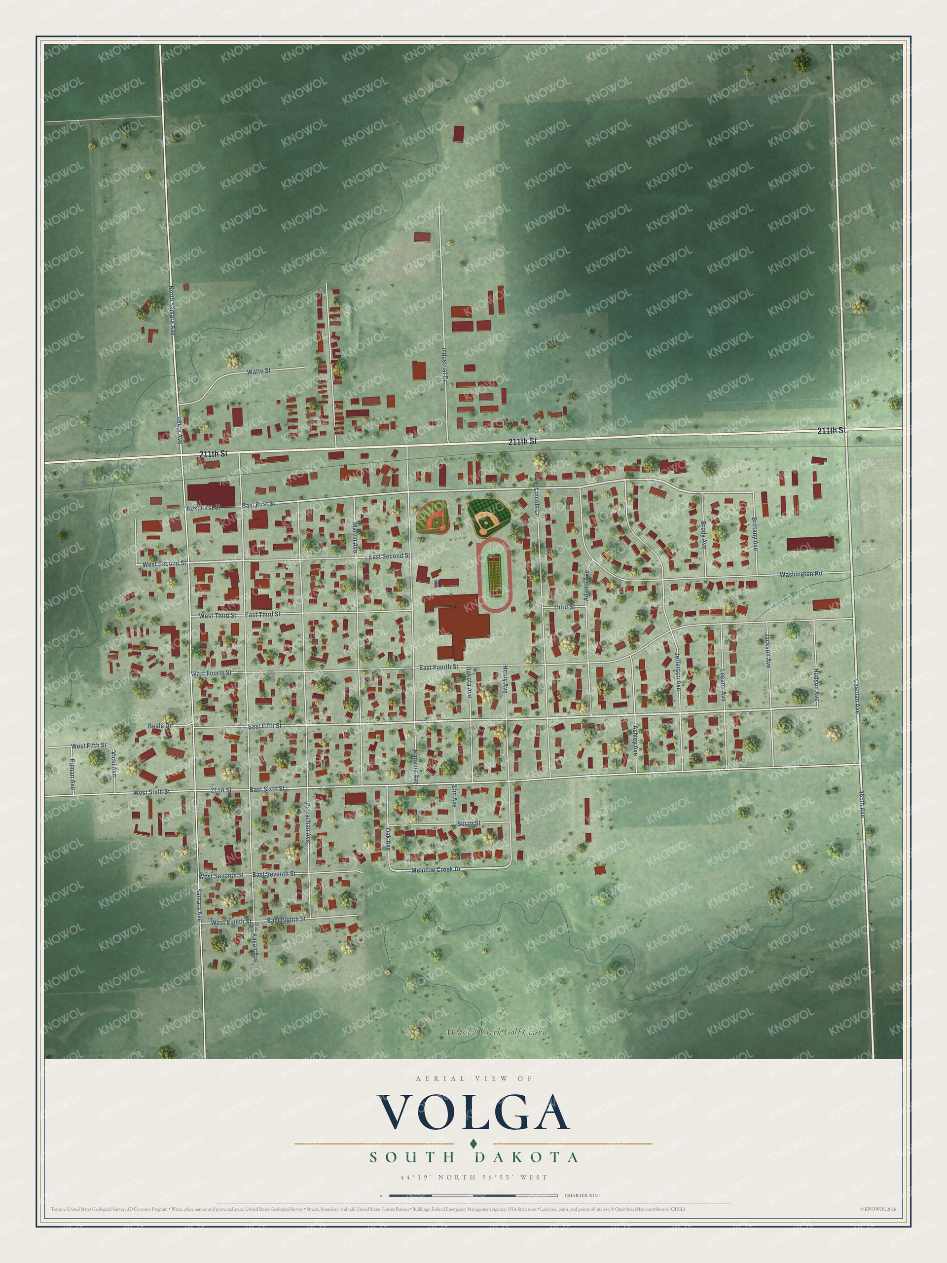 Full map of Volga, South Dakota, with red buildings, printed street names and the land around them