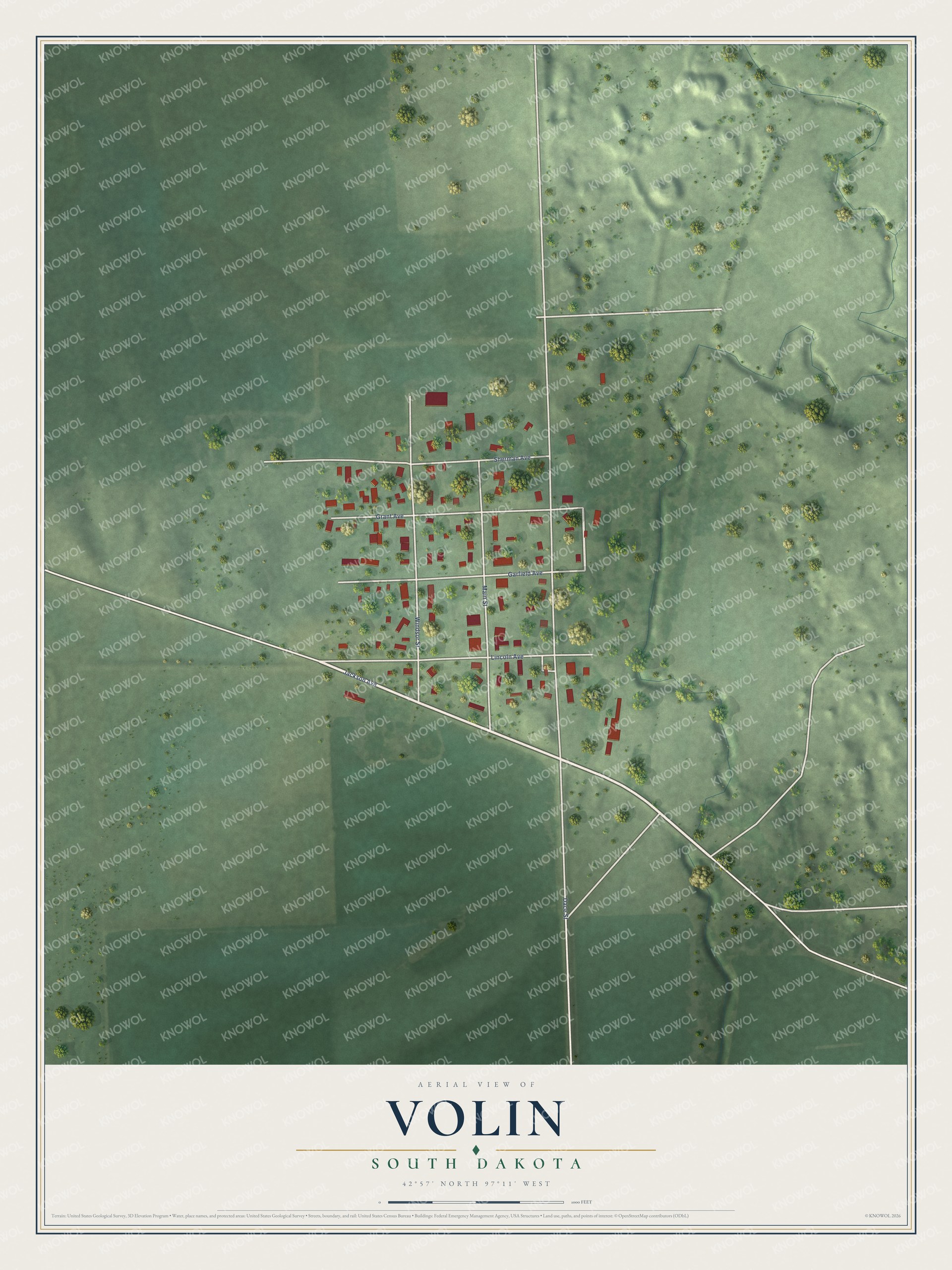 Full map of Volin, South Dakota, with red buildings, printed street names and the land around them