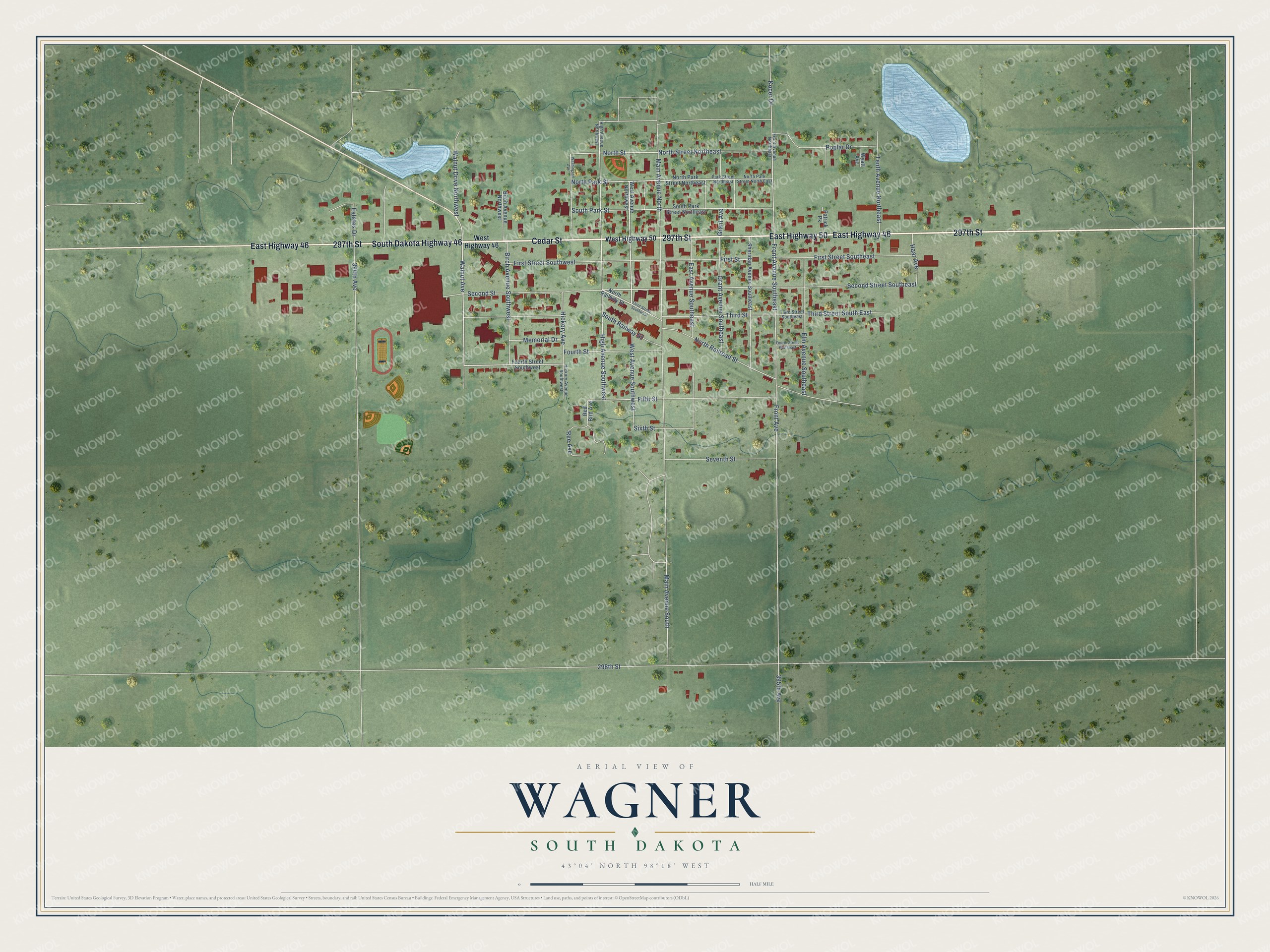 Full map of Wagner, South Dakota, with red buildings, printed street names and the land around them