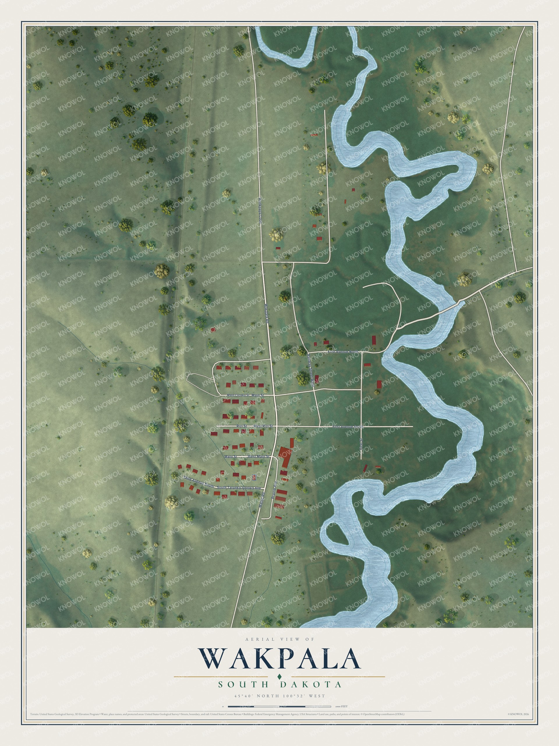 Full map of Wakpala, South Dakota, with red buildings, printed street names and the land around them