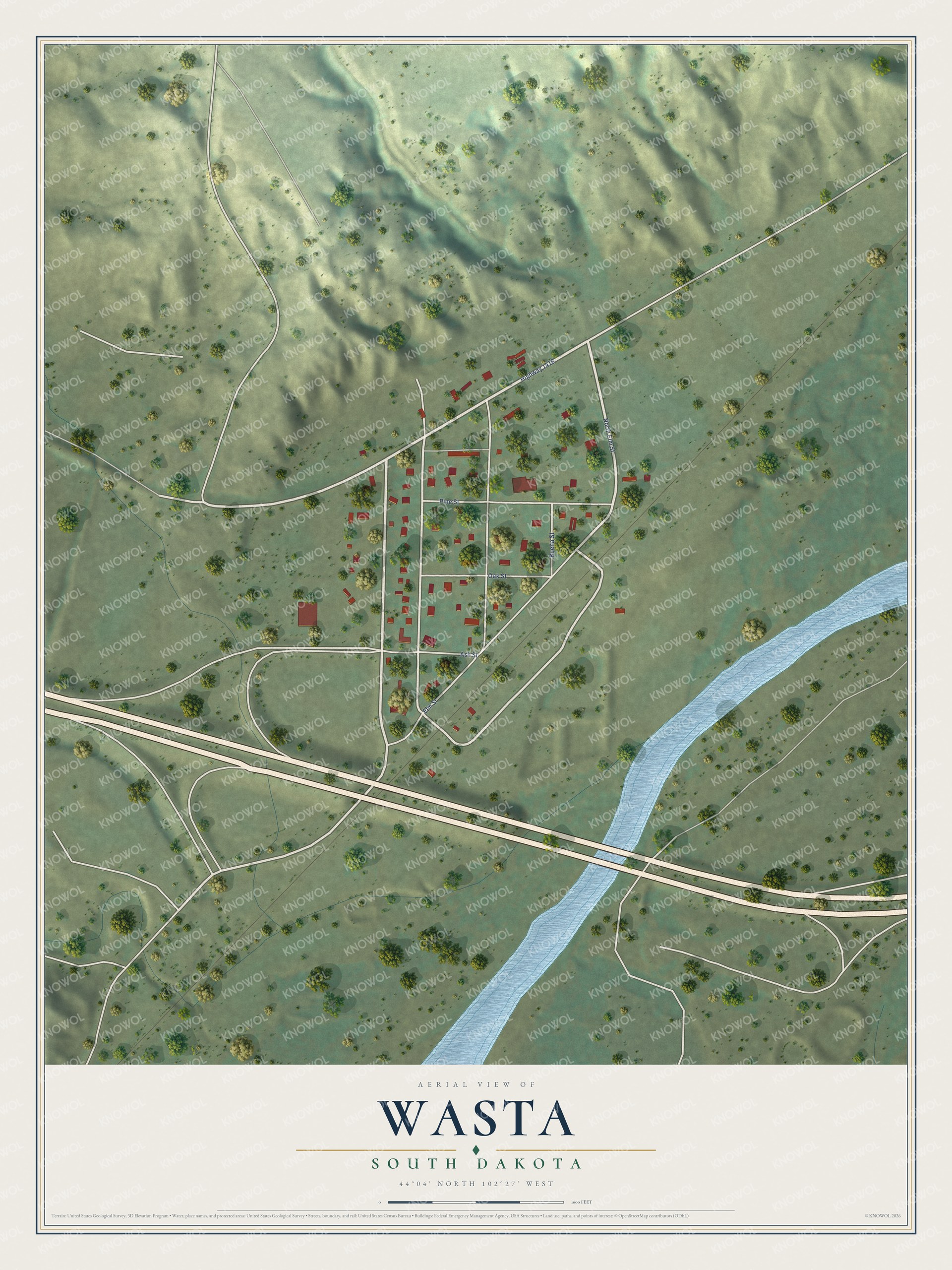 Full map of Wasta, South Dakota, with red buildings, printed street names and the land around them