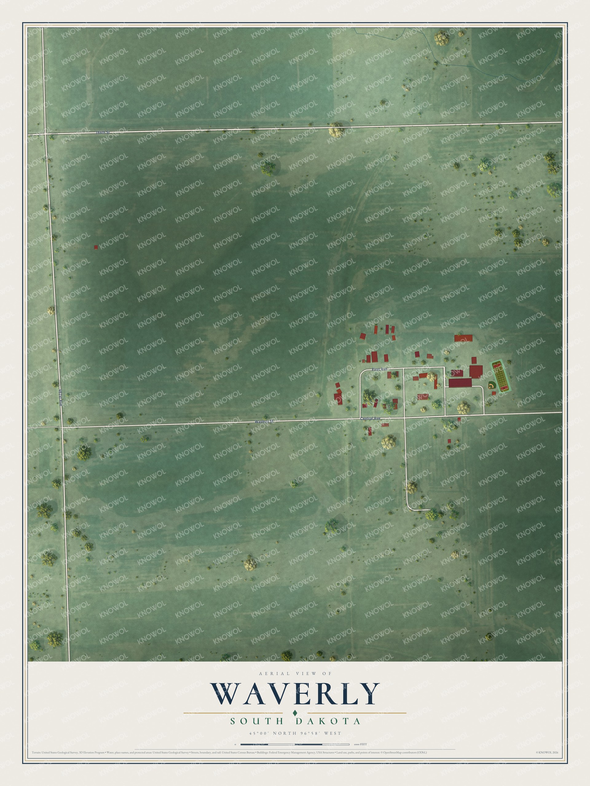 Full map of Waverly, South Dakota, with red buildings, printed street names and the land around them