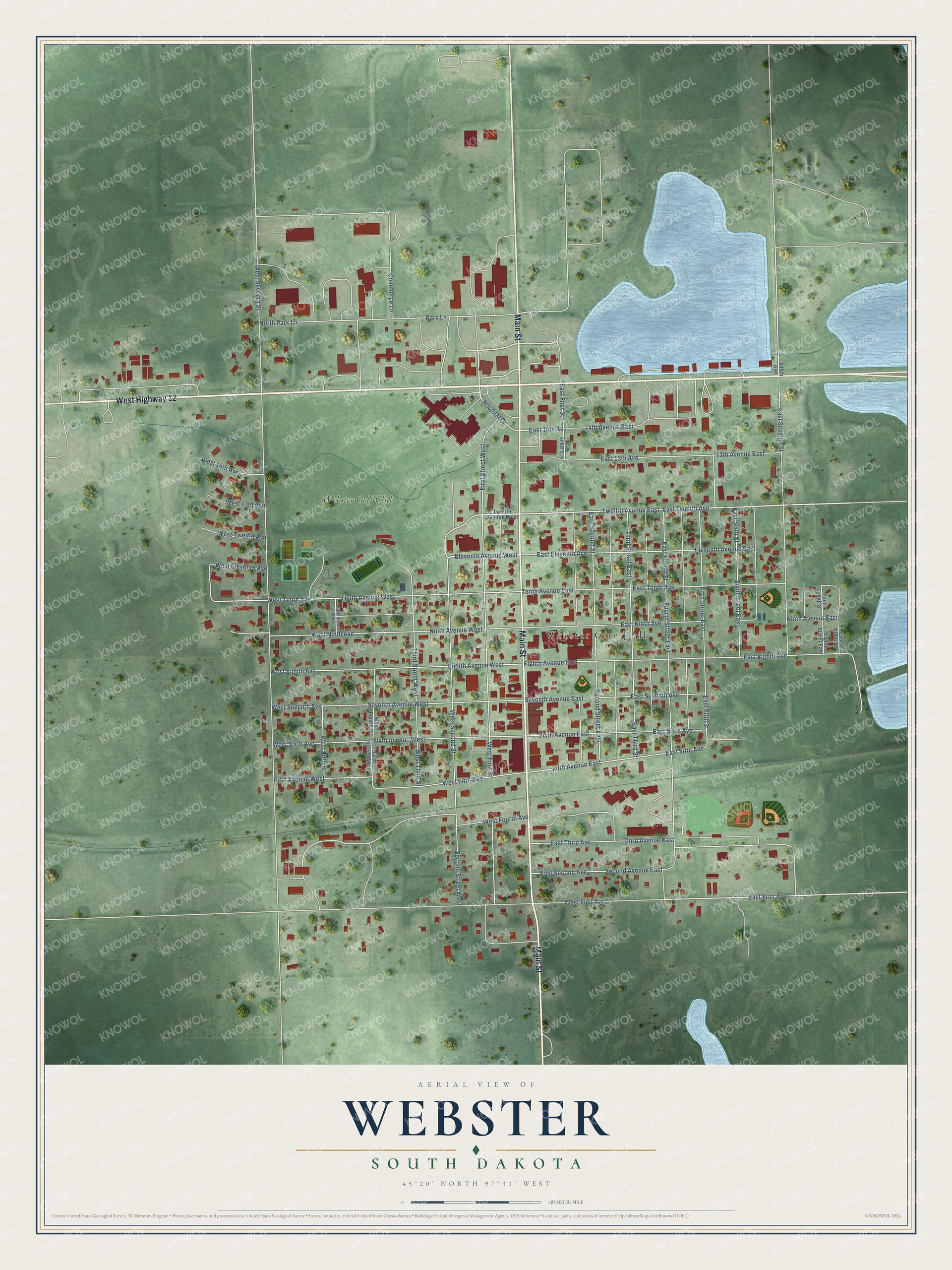 Full map of Webster, South Dakota, with red buildings, printed street names and the land around them