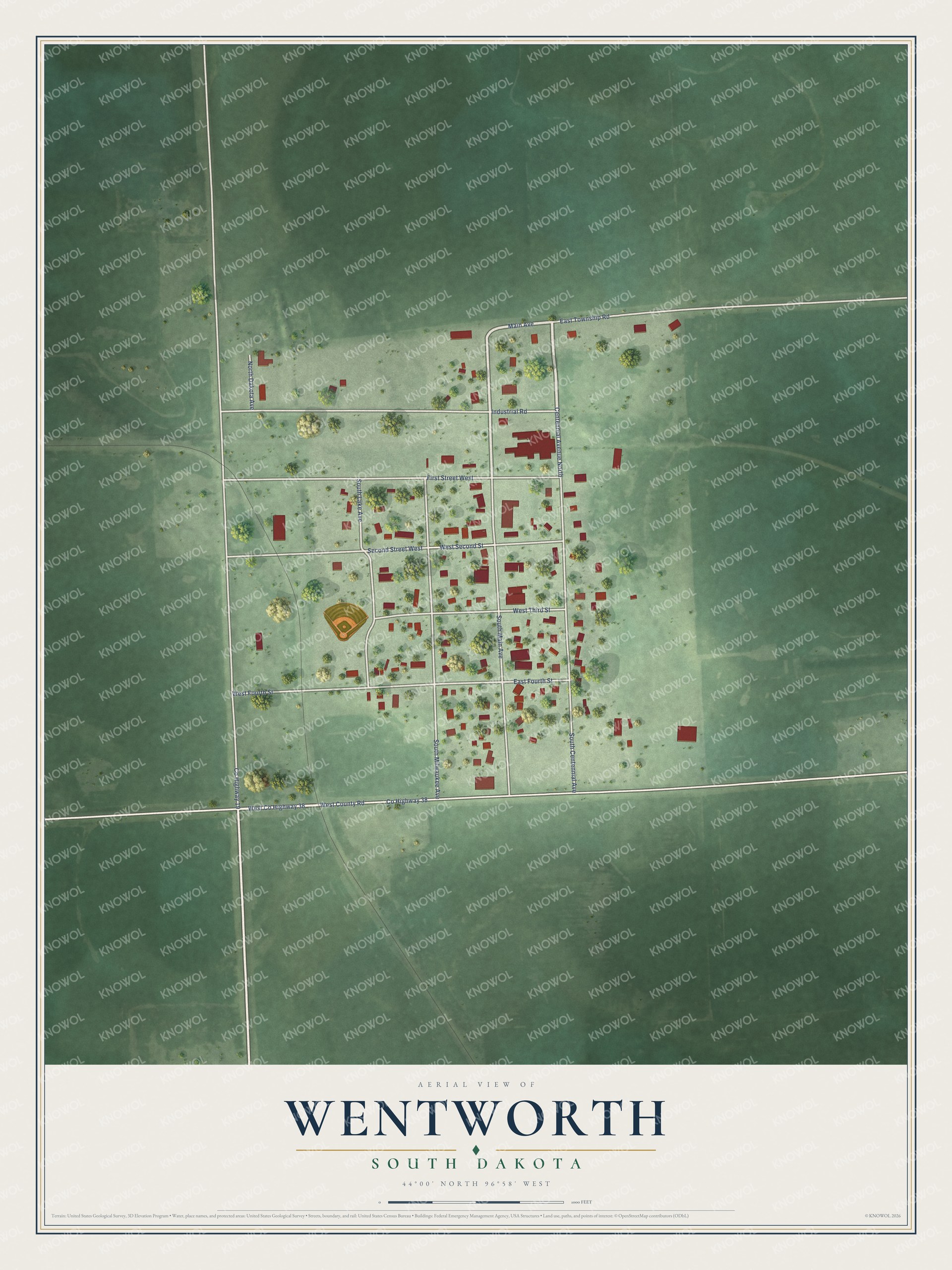 Full map of Wentworth, South Dakota, with red buildings, printed street names and the land around them