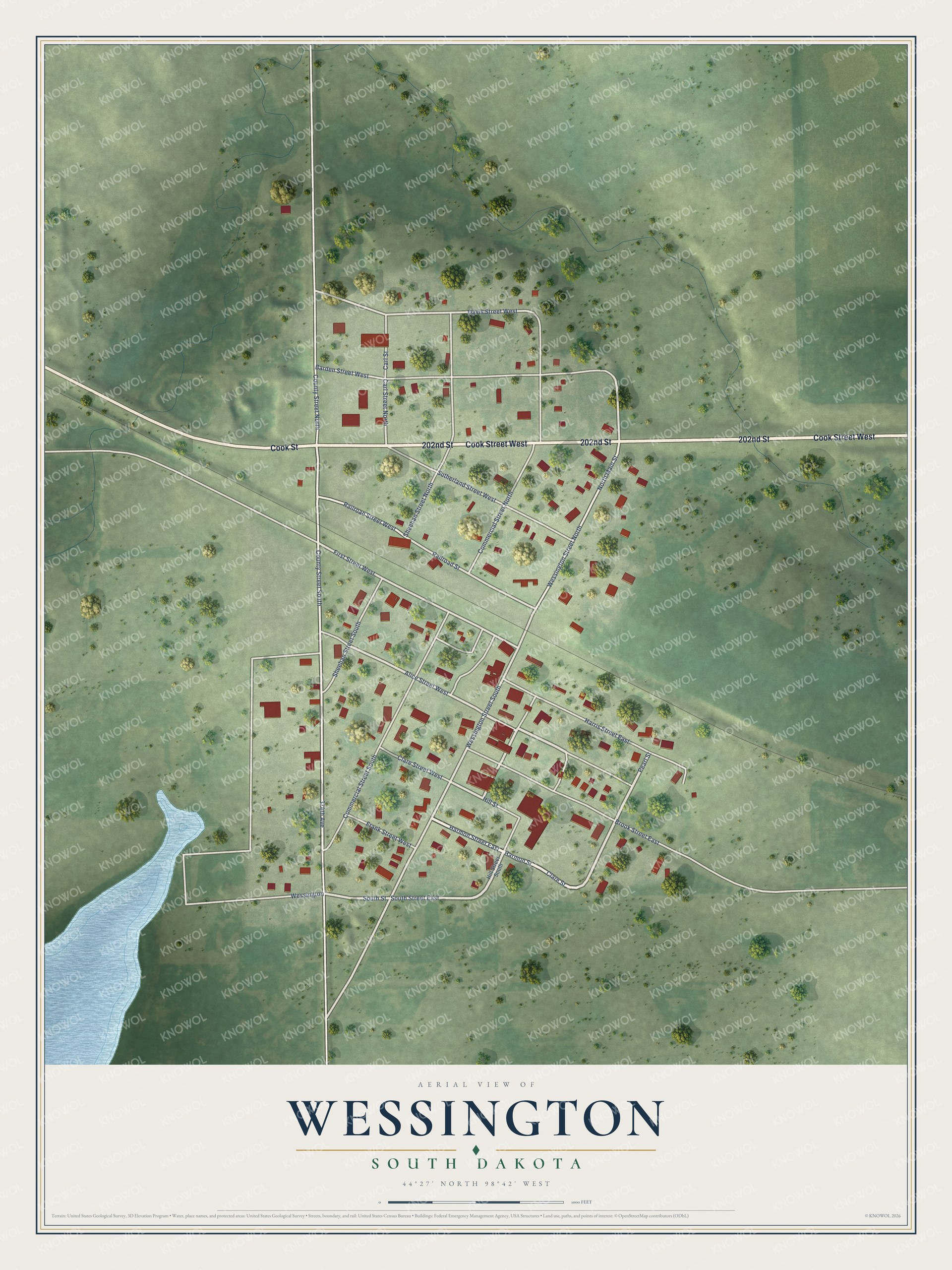 Full map of Wessington, South Dakota, with red buildings, printed street names and the land around them