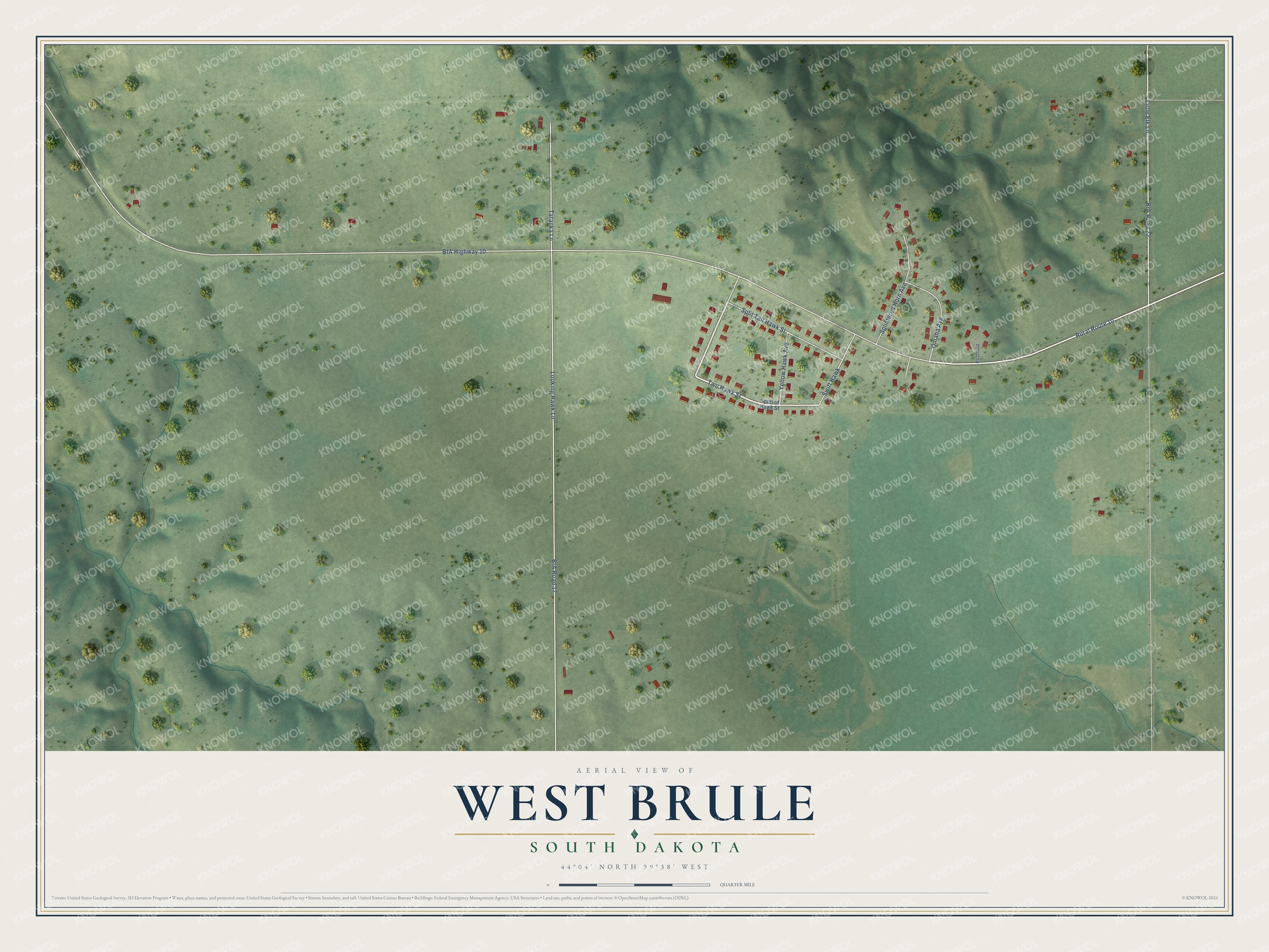 Full map of West Brule, South Dakota, with red buildings, printed street names and the land around them