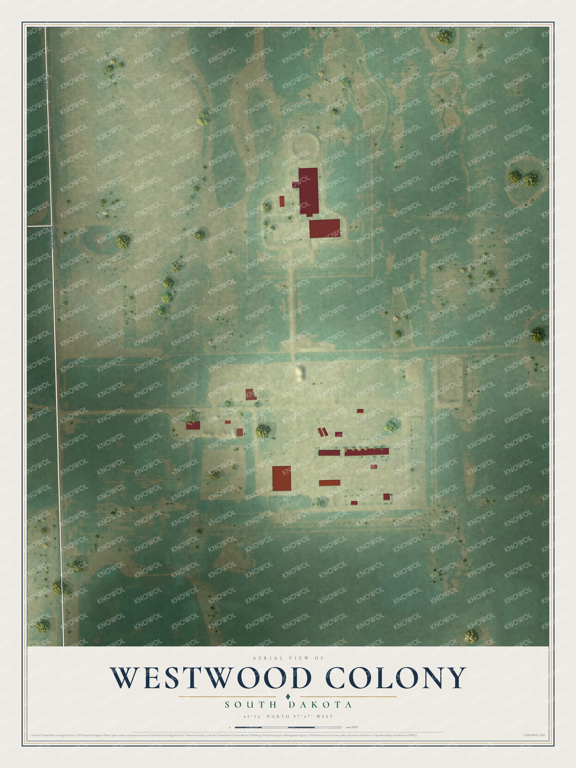 Full map of Westwood Colony, South Dakota, with red buildings, printed street names and the land around them