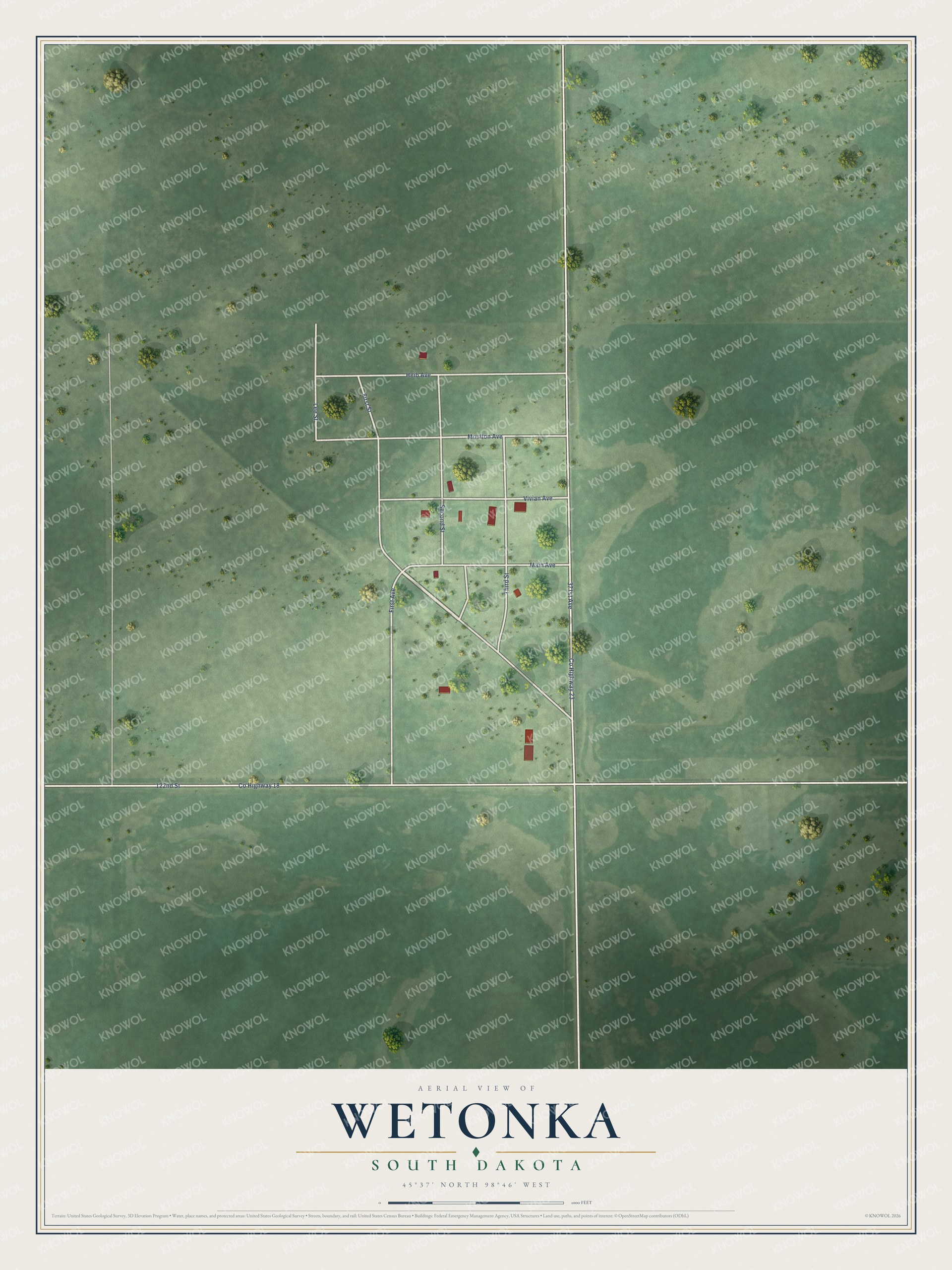Full map of Wetonka, South Dakota, with red buildings, printed street names and the land around them