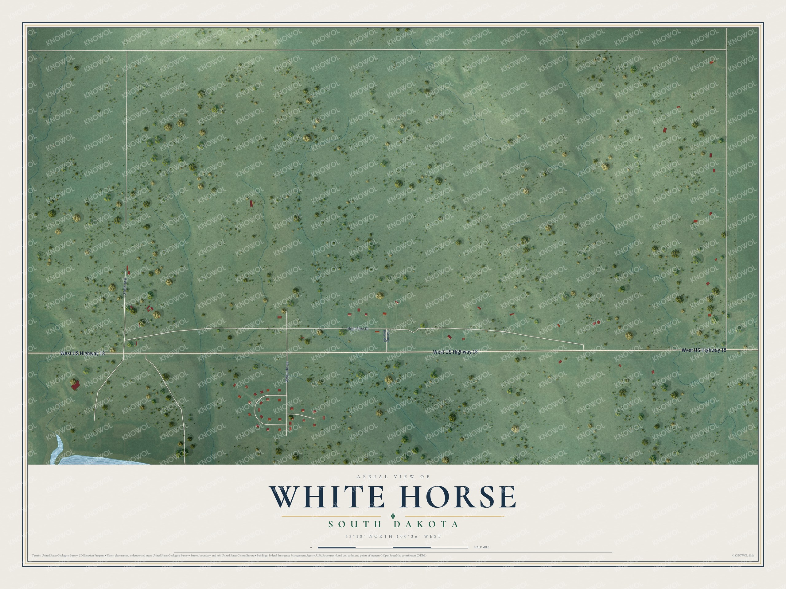Full map of White Horse, South Dakota, with red buildings, printed street names and the land around them