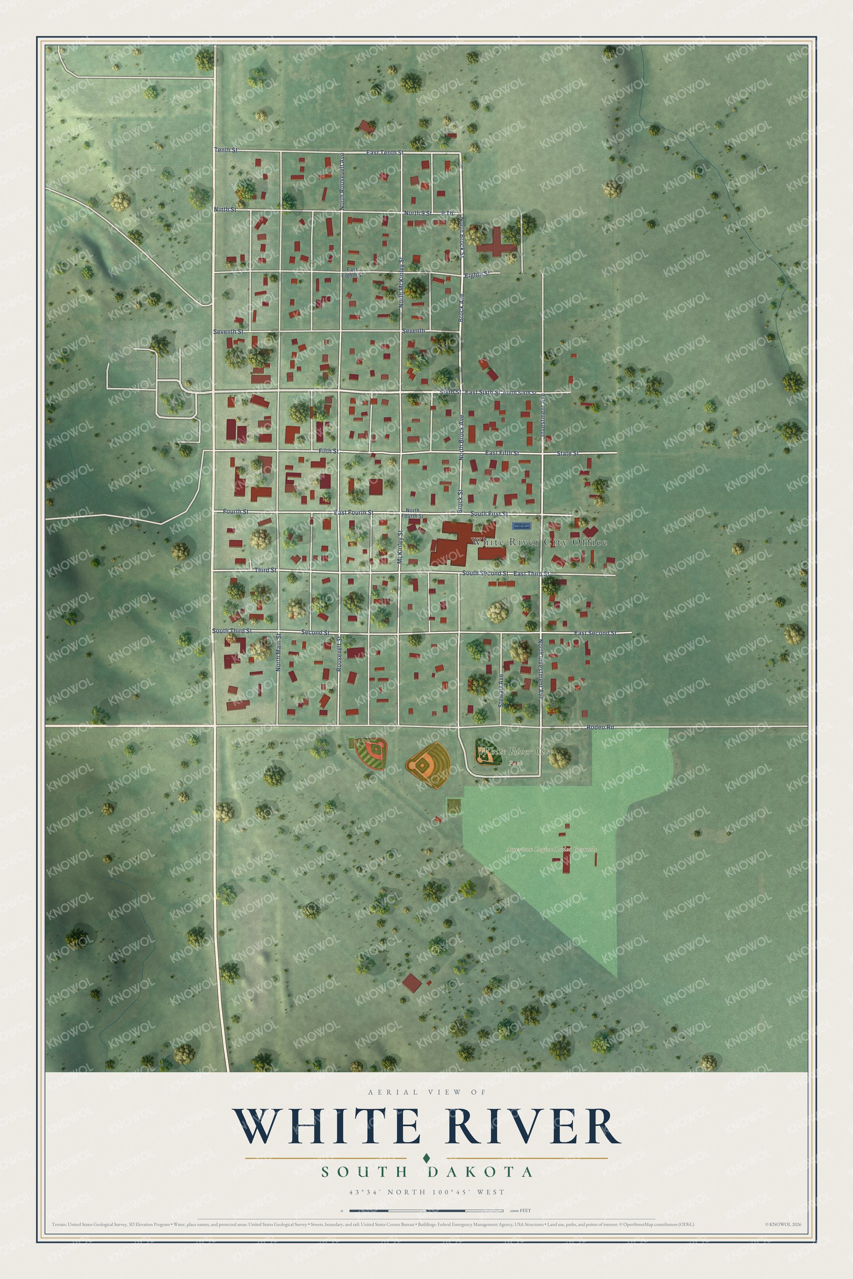 Full map of White River, South Dakota, with red buildings, printed street names and the land around them