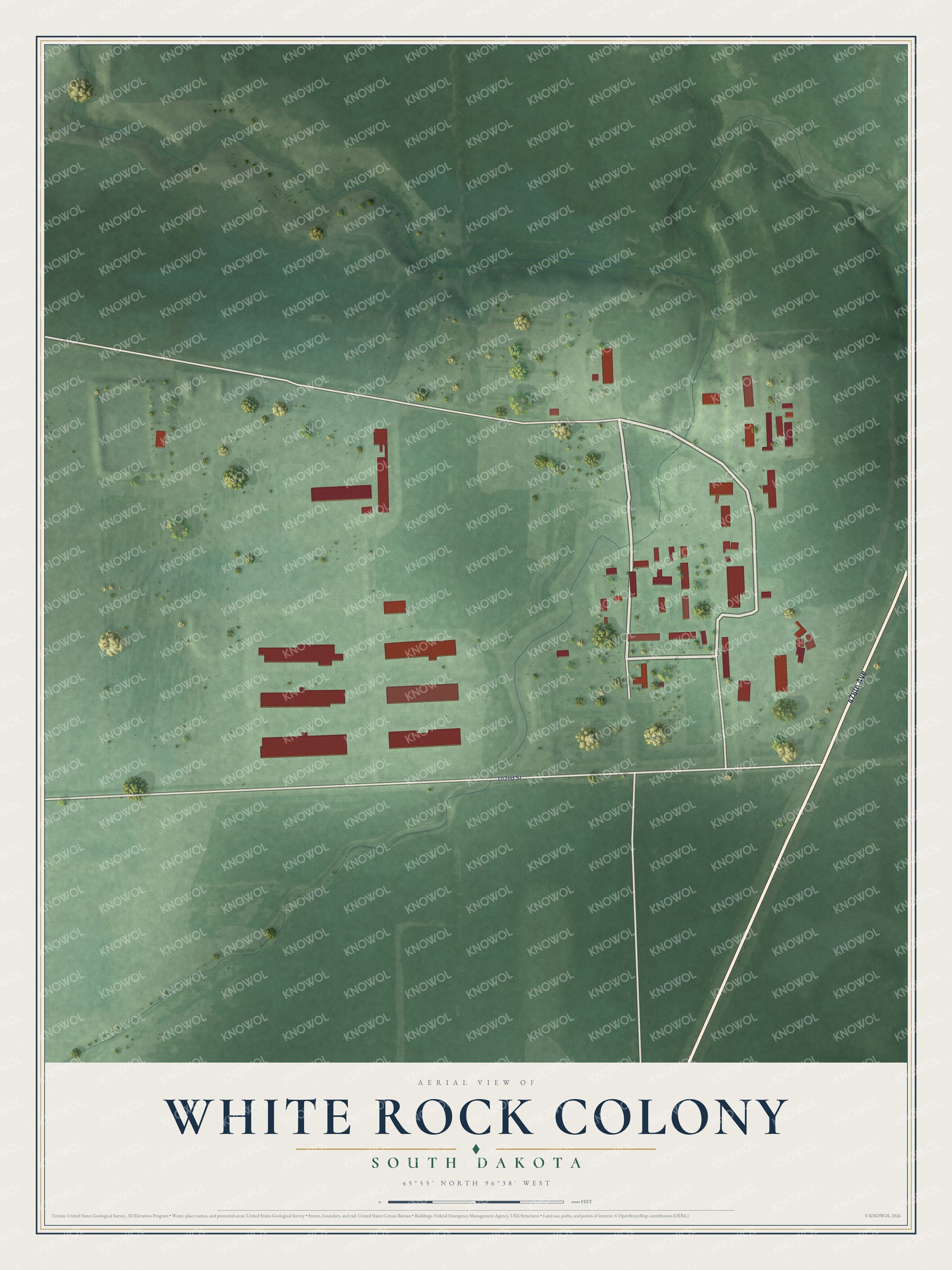 Full map of White Rock Colony, South Dakota, with red buildings, printed street names and the land around them