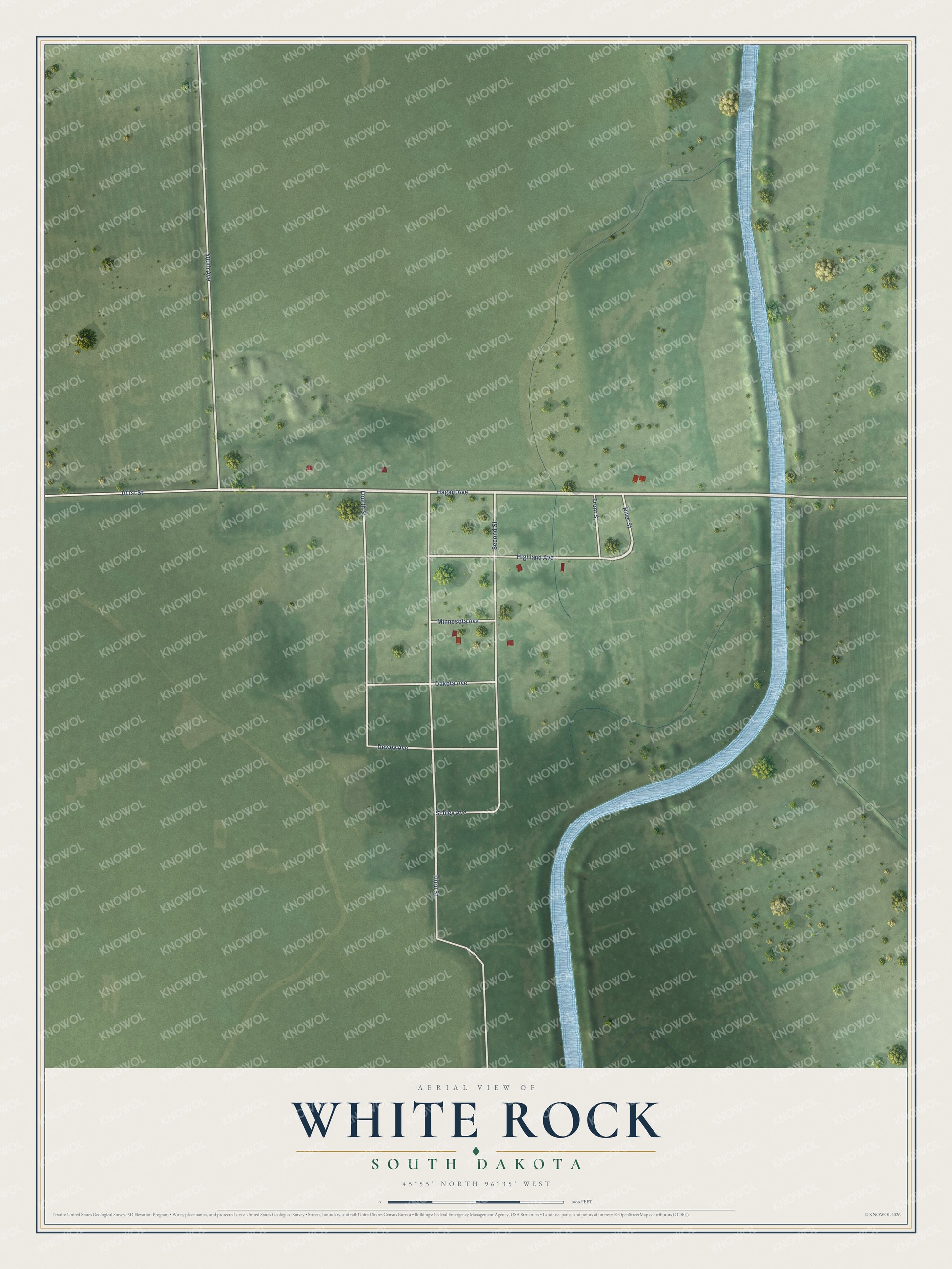 Full map of White Rock, South Dakota, with red buildings, printed street names and the land around them