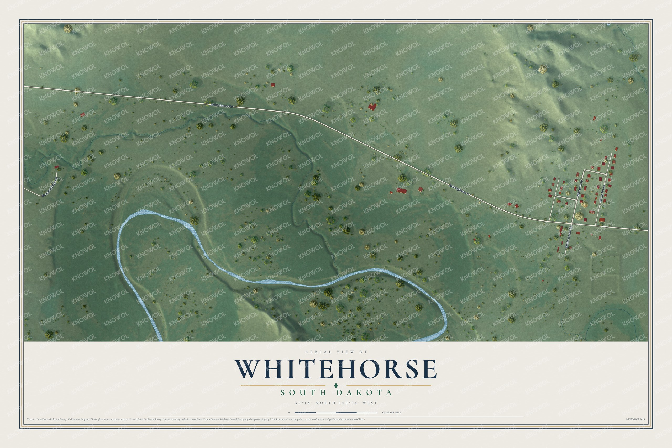 Full map of Whitehorse, South Dakota, with red buildings, printed street names and the land around them