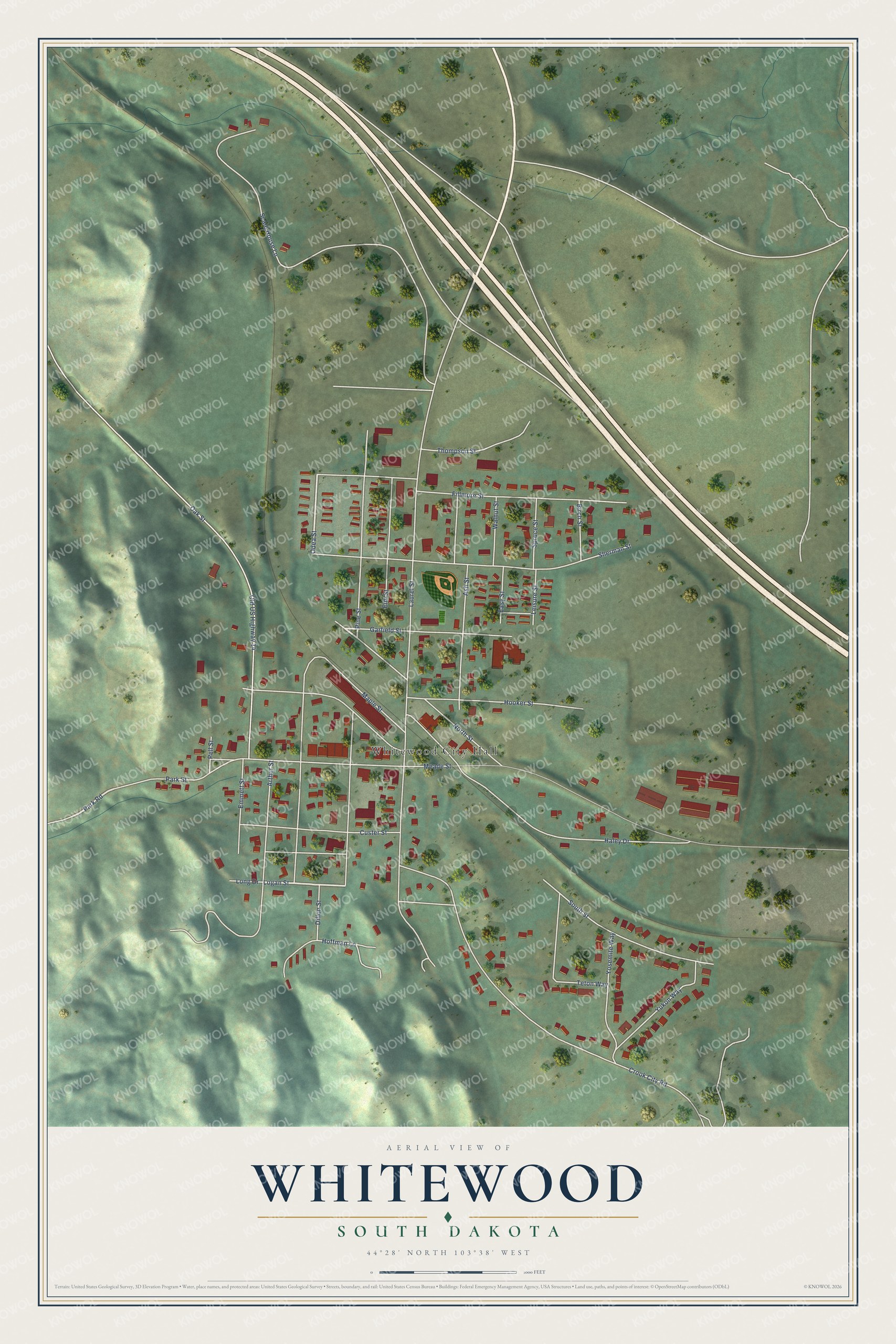 Full map of Whitewood, South Dakota, with red buildings, printed street names and the land around them