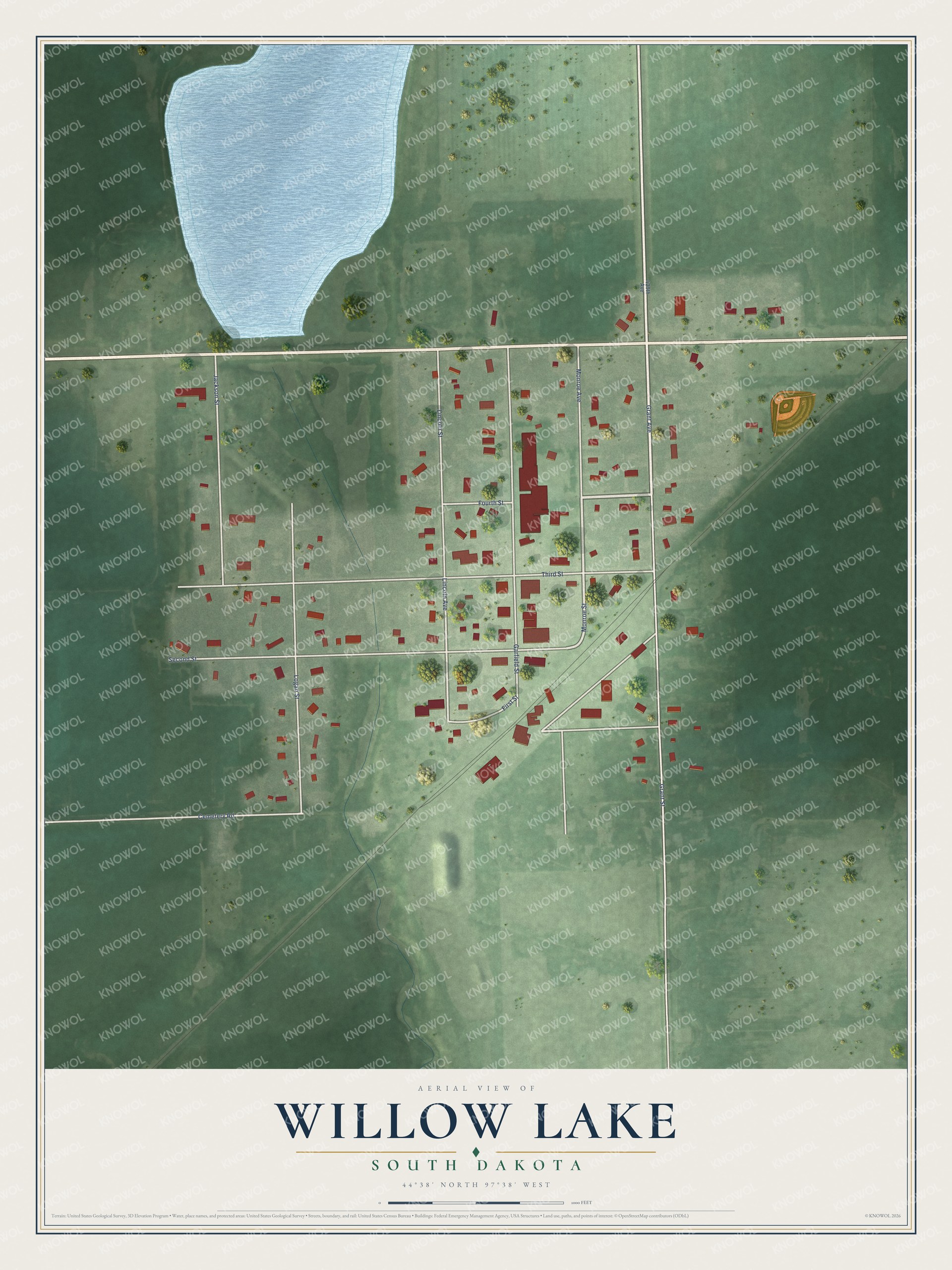 Full map of Willow Lake, South Dakota, with red buildings, printed street names and the land around them