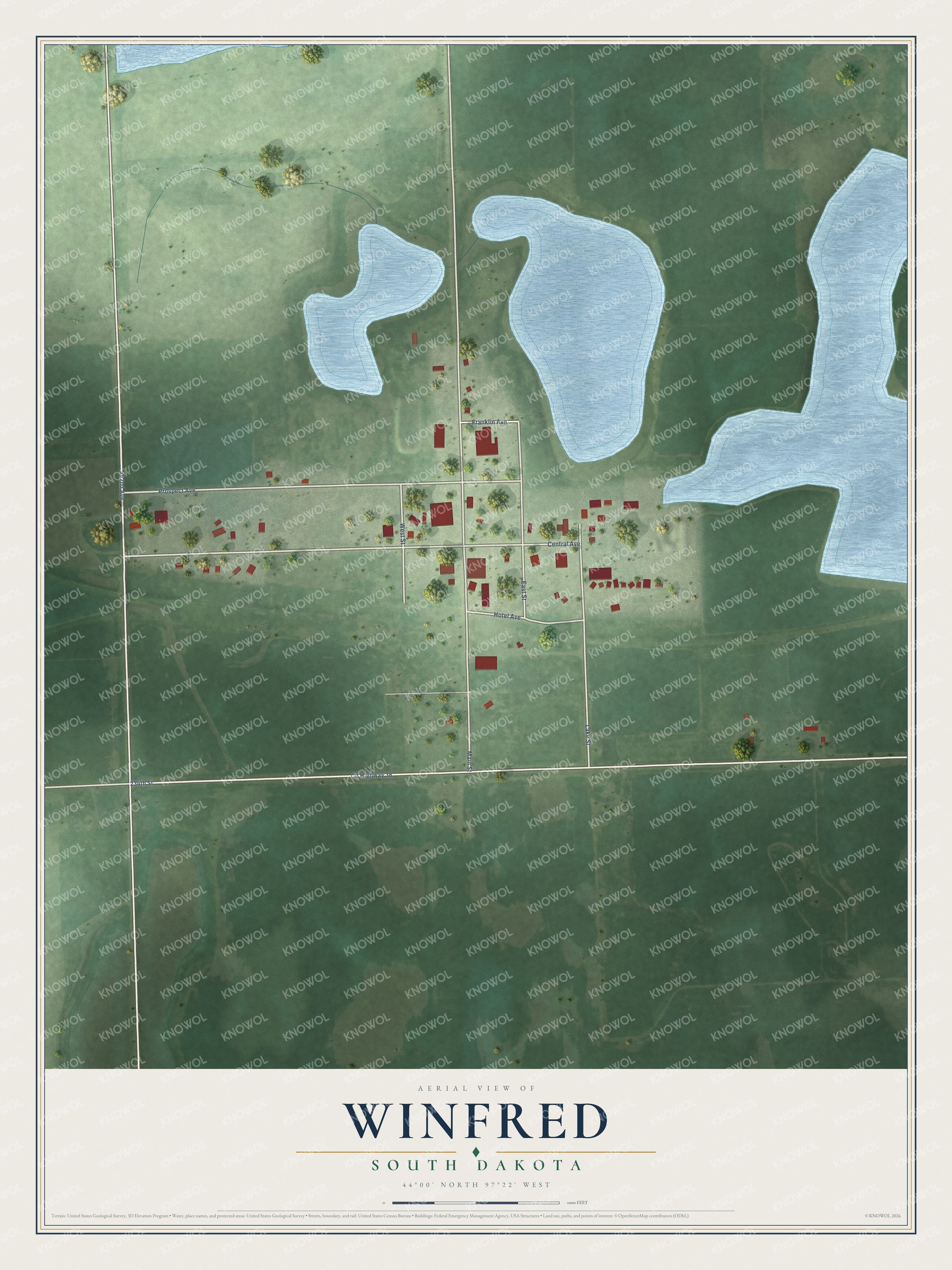 Full map of Winfred, South Dakota, with red buildings, printed street names and the land around them