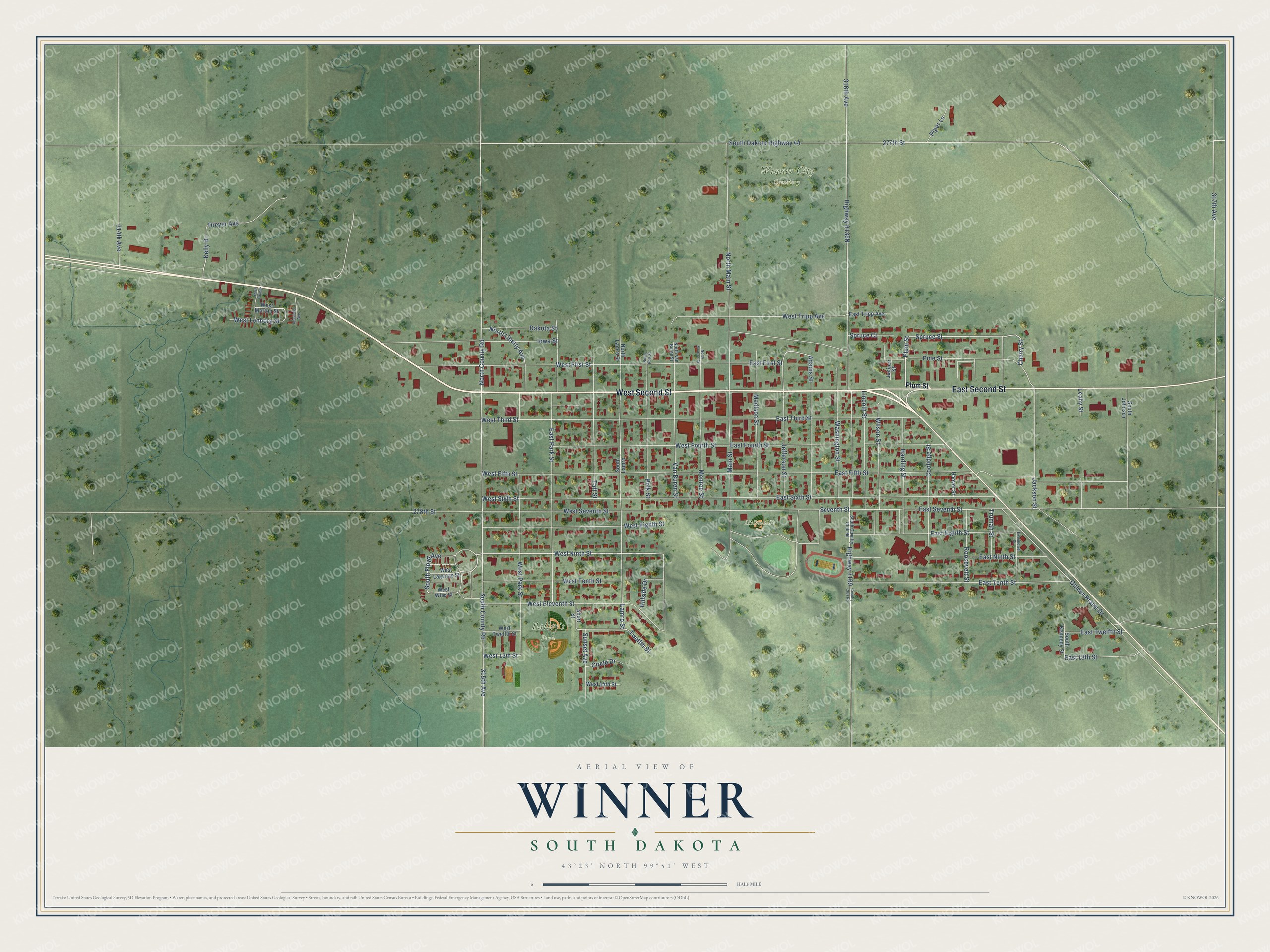 Full map of Winner, South Dakota, with red buildings, printed street names and the land around them