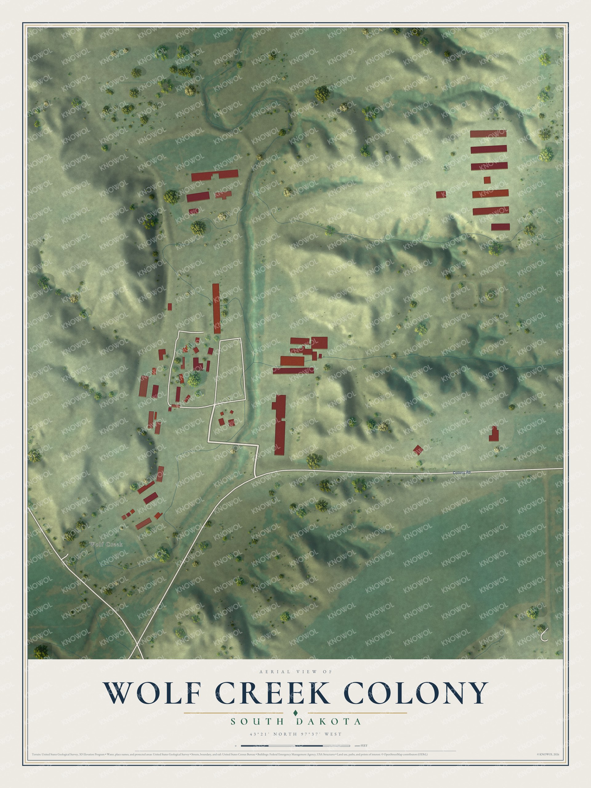 Full map of Wolf Creek Colony, South Dakota, with red buildings, printed street names and the land around them