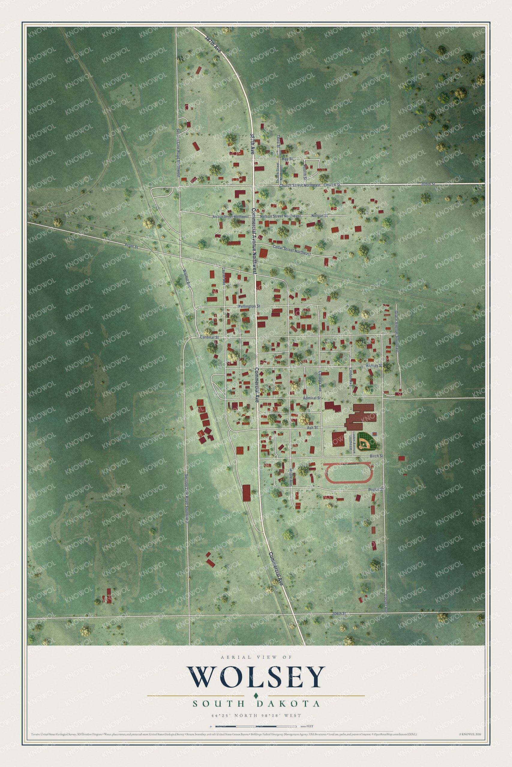 Full map of Wolsey, South Dakota, with red buildings, printed street names and the land around them