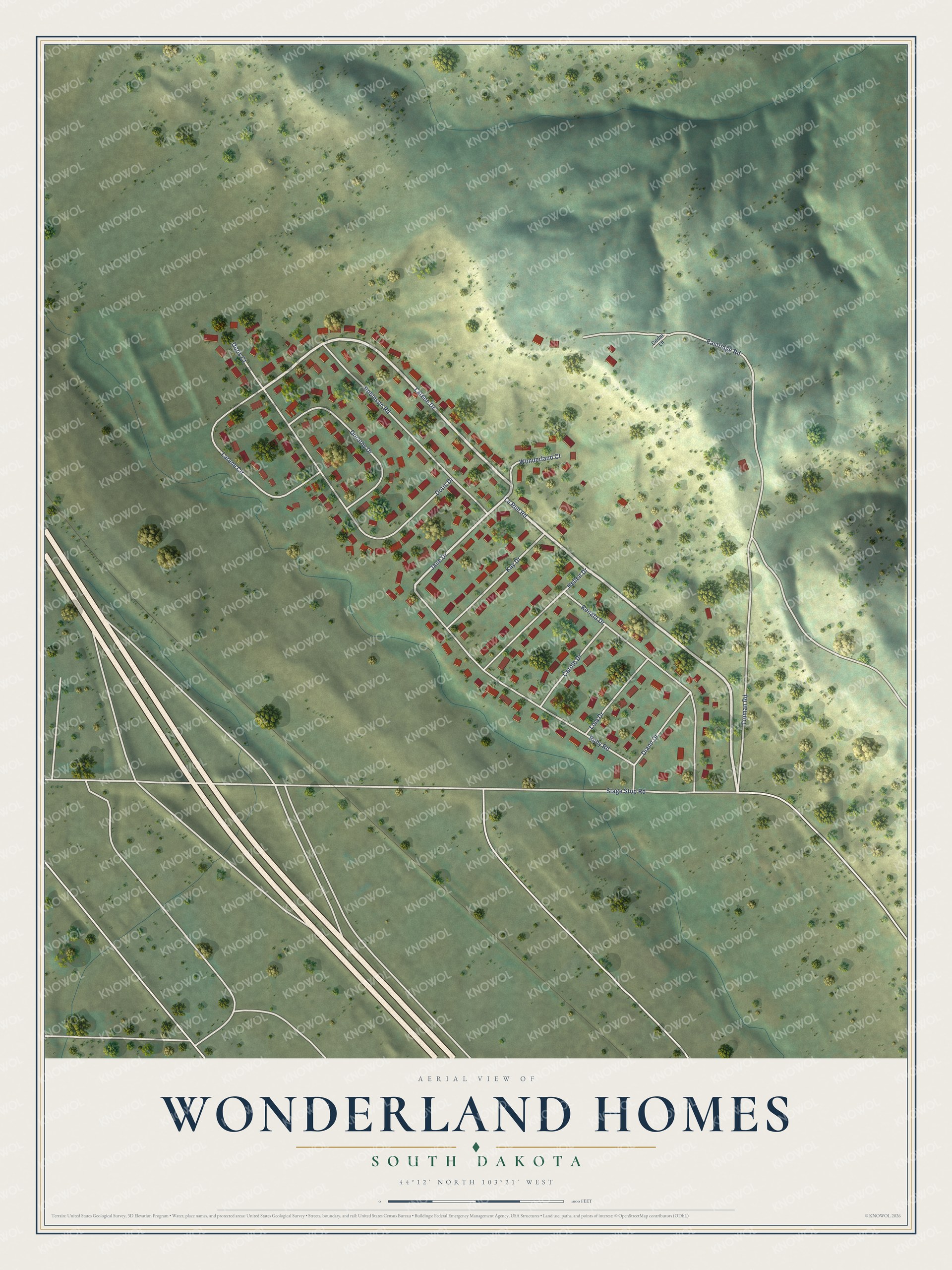 Full map of Wonderland Homes, South Dakota, with red buildings, printed street names and the land around them