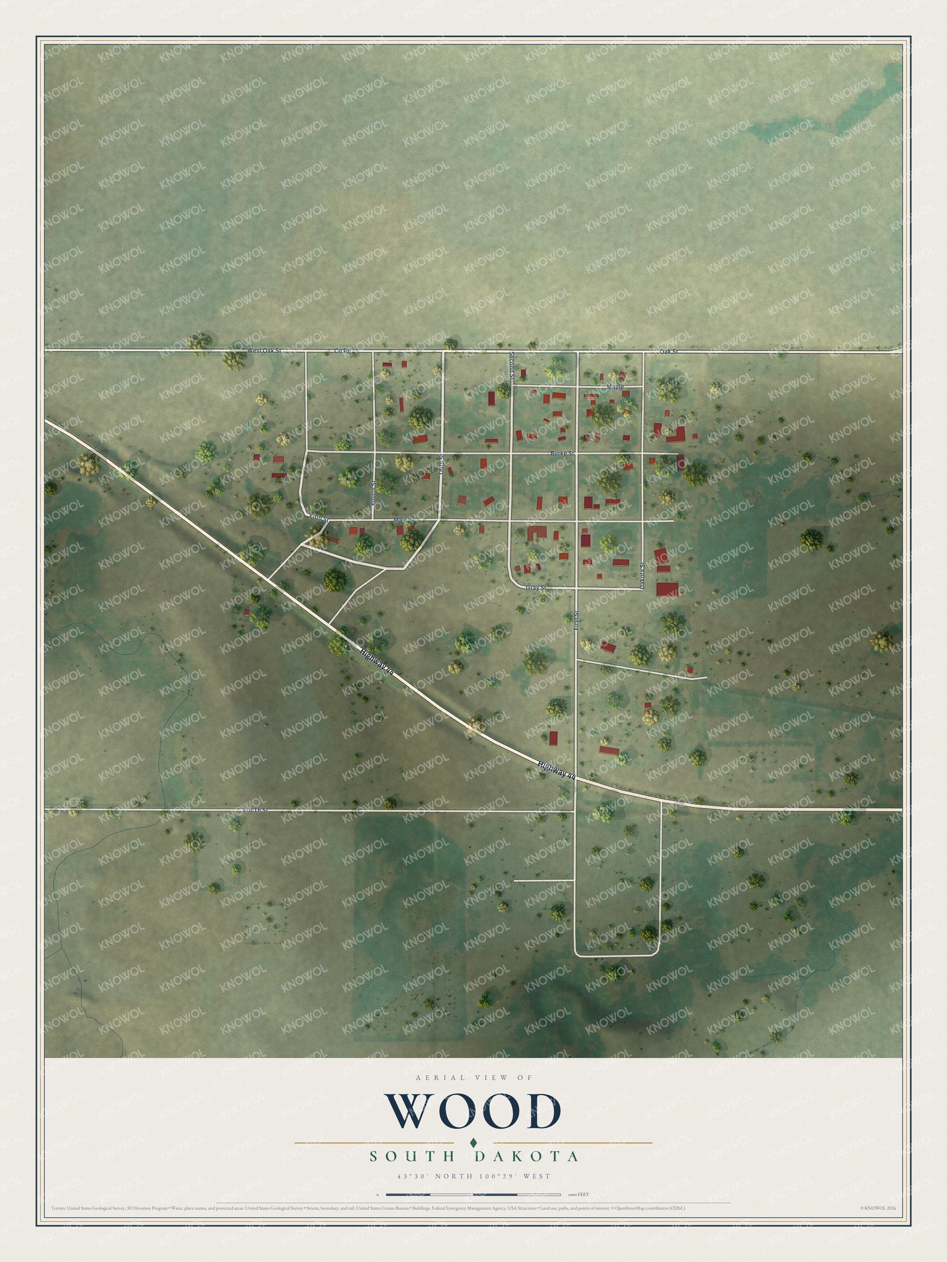 Full map of Wood, South Dakota, with red buildings, printed street names and the land around them