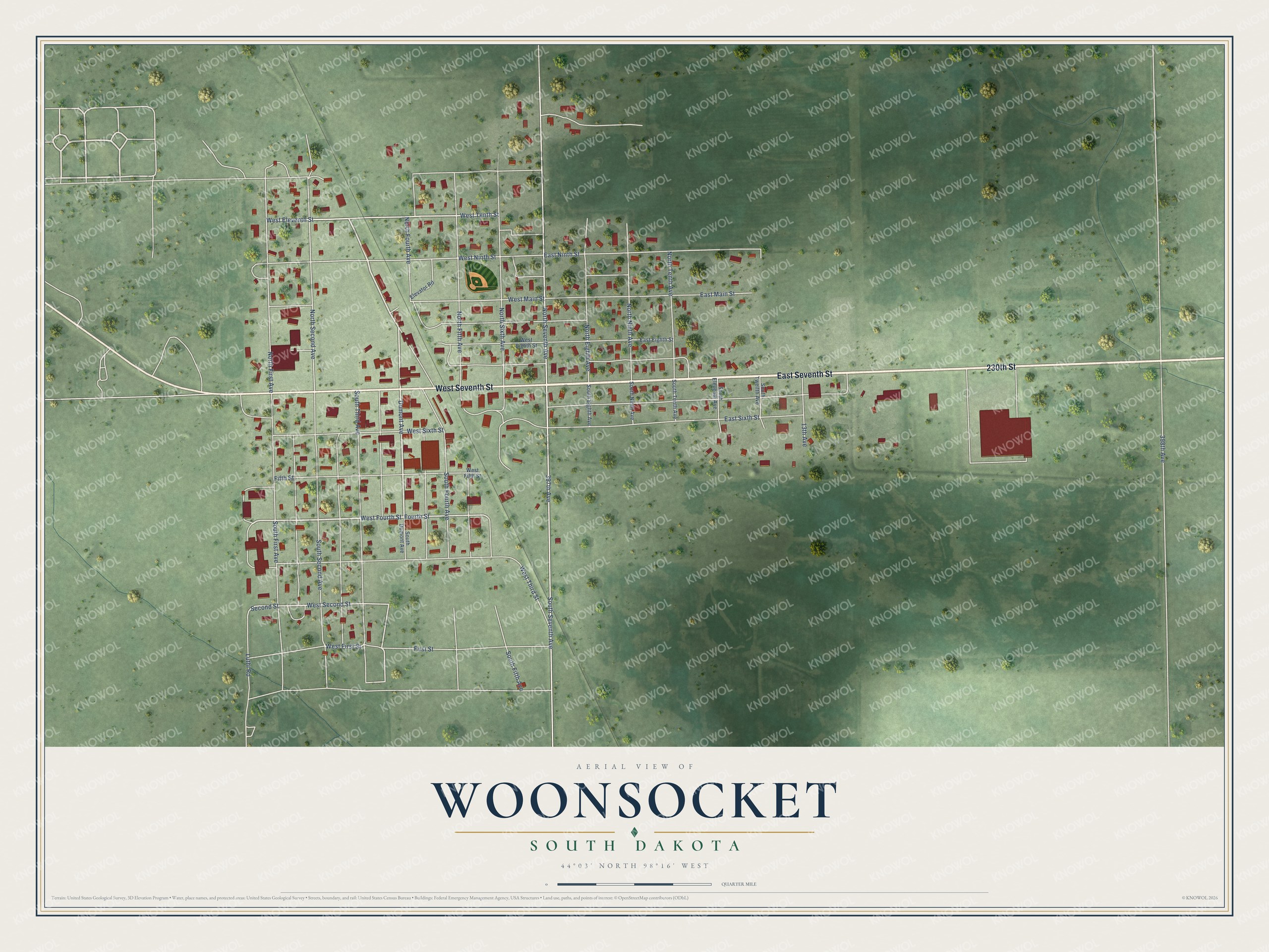 Full map of Woonsocket, South Dakota, with red buildings, printed street names and the land around them