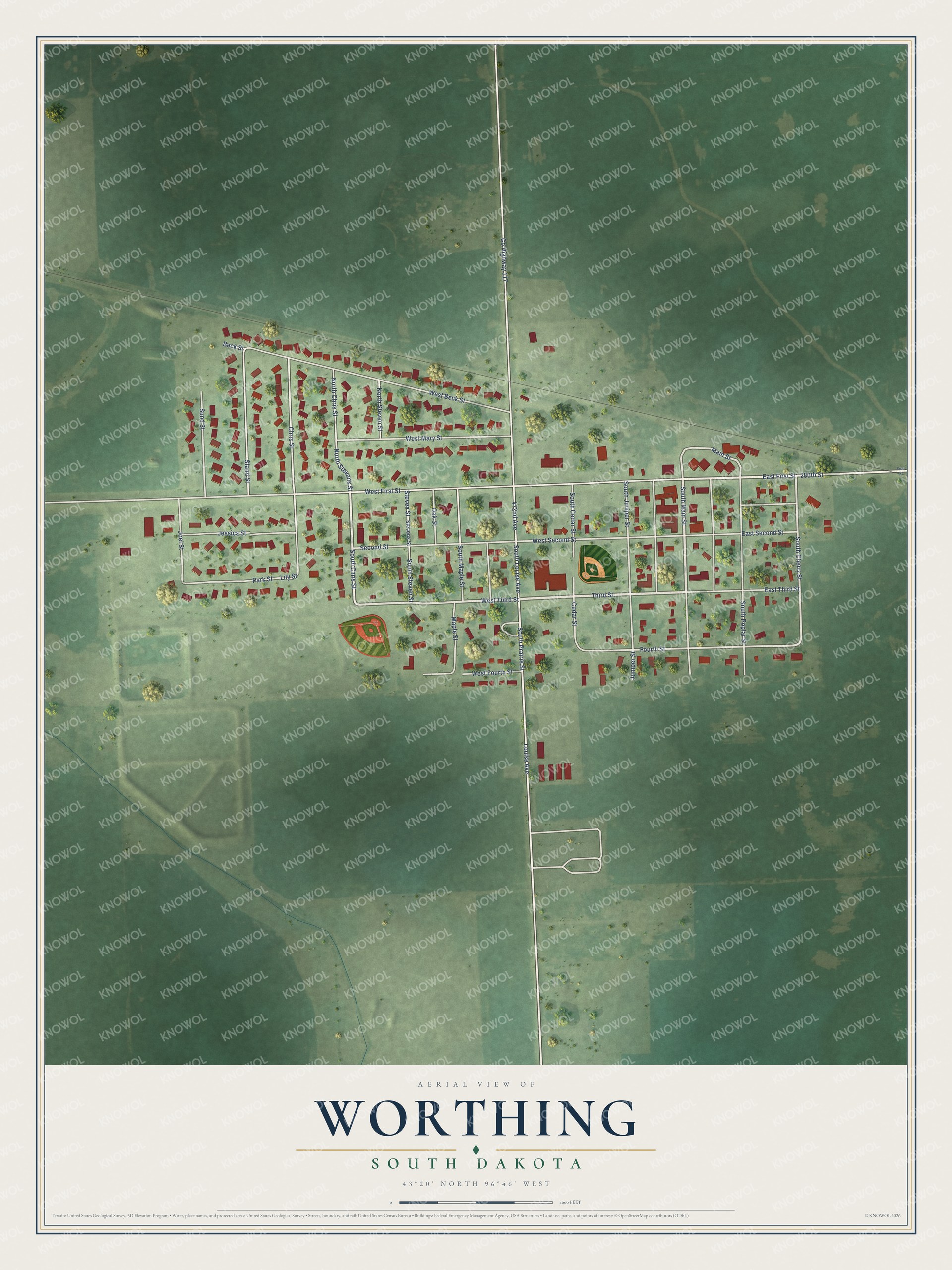 Full map of Worthing, South Dakota, with red buildings, printed street names and the land around them