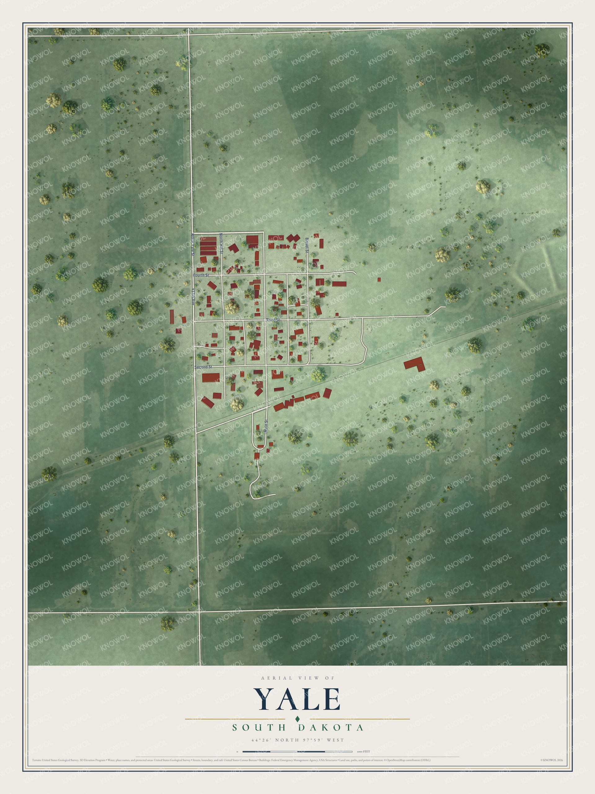 Full map of Yale, South Dakota, with red buildings, printed street names and the land around them