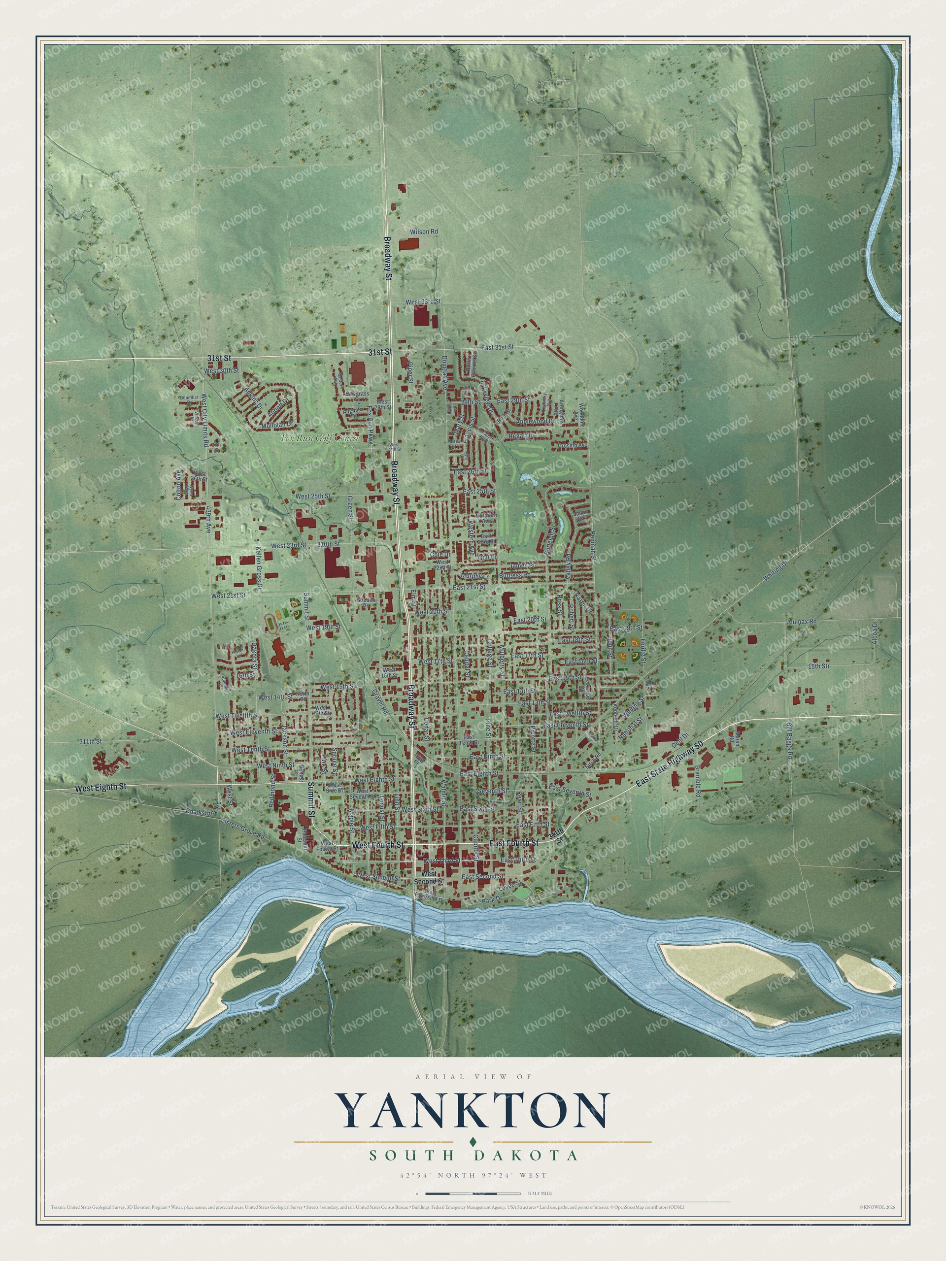 Full map of Yankton, South Dakota, with red buildings, printed street names and the land around them