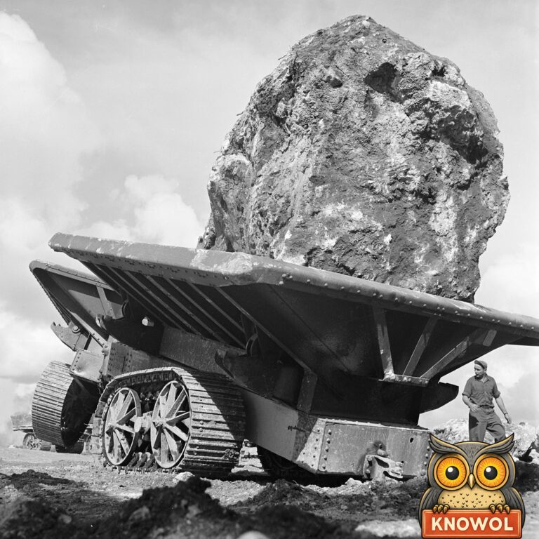 A huge rough boulder rides on a steel crawler wagon under a cloudy sky, with a Seabee in a cap standing beside the wagon's tracks
