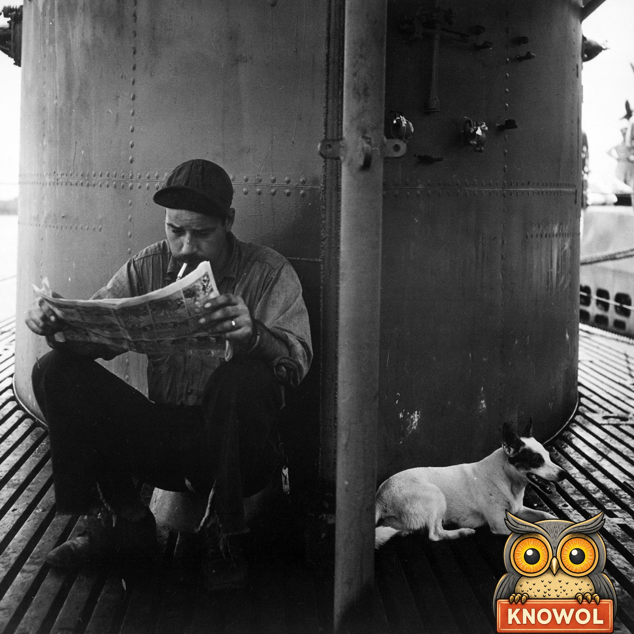 A sailor in a ball cap sits on the slatted deck of a submarine reading the comics with a cigarette in his mouth, while a small white dog with a dark eye patch lies panting in the shade of the conning tower