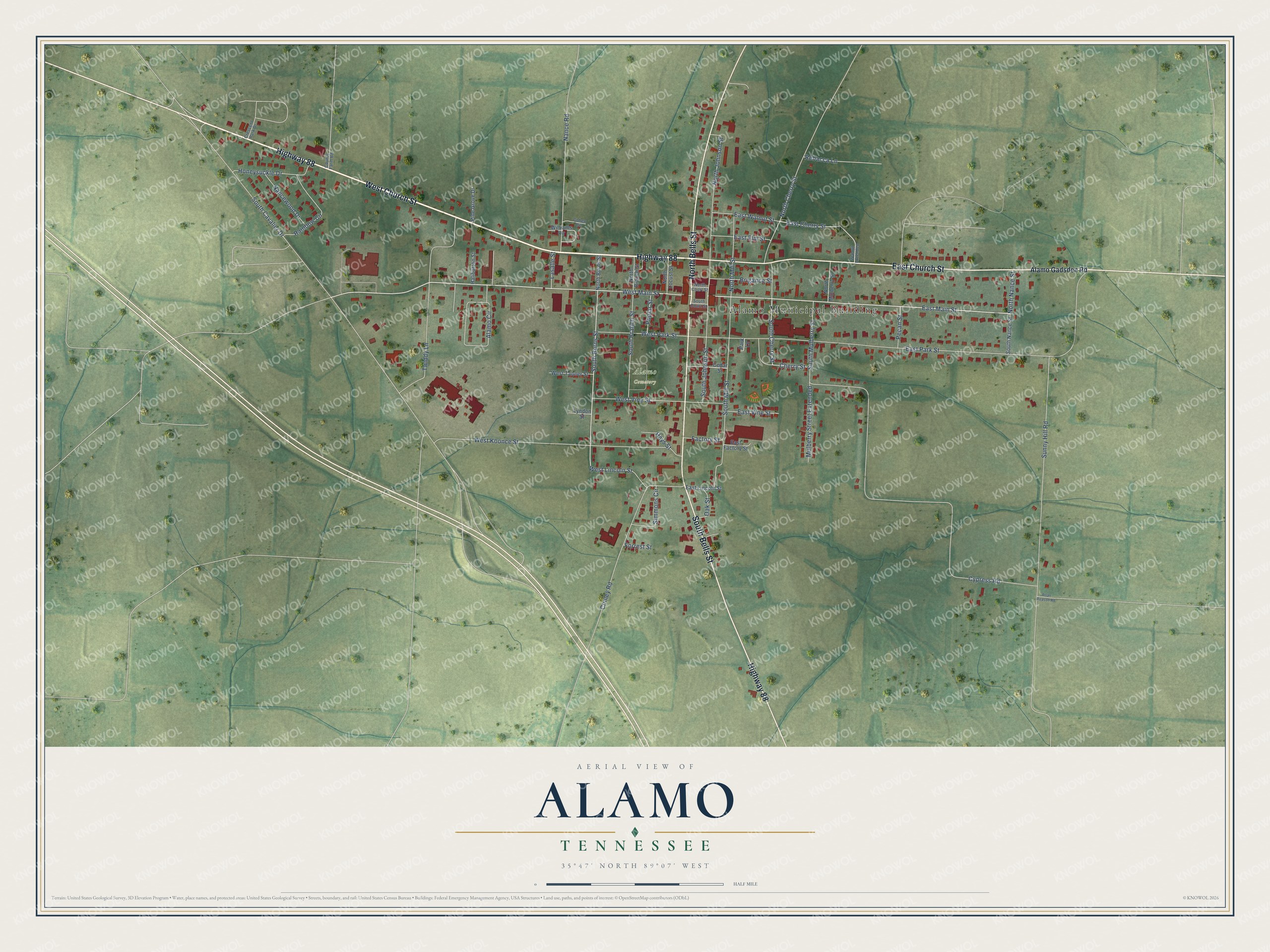 Full map of Alamo, Tennessee, with red buildings, printed street names and the land around them