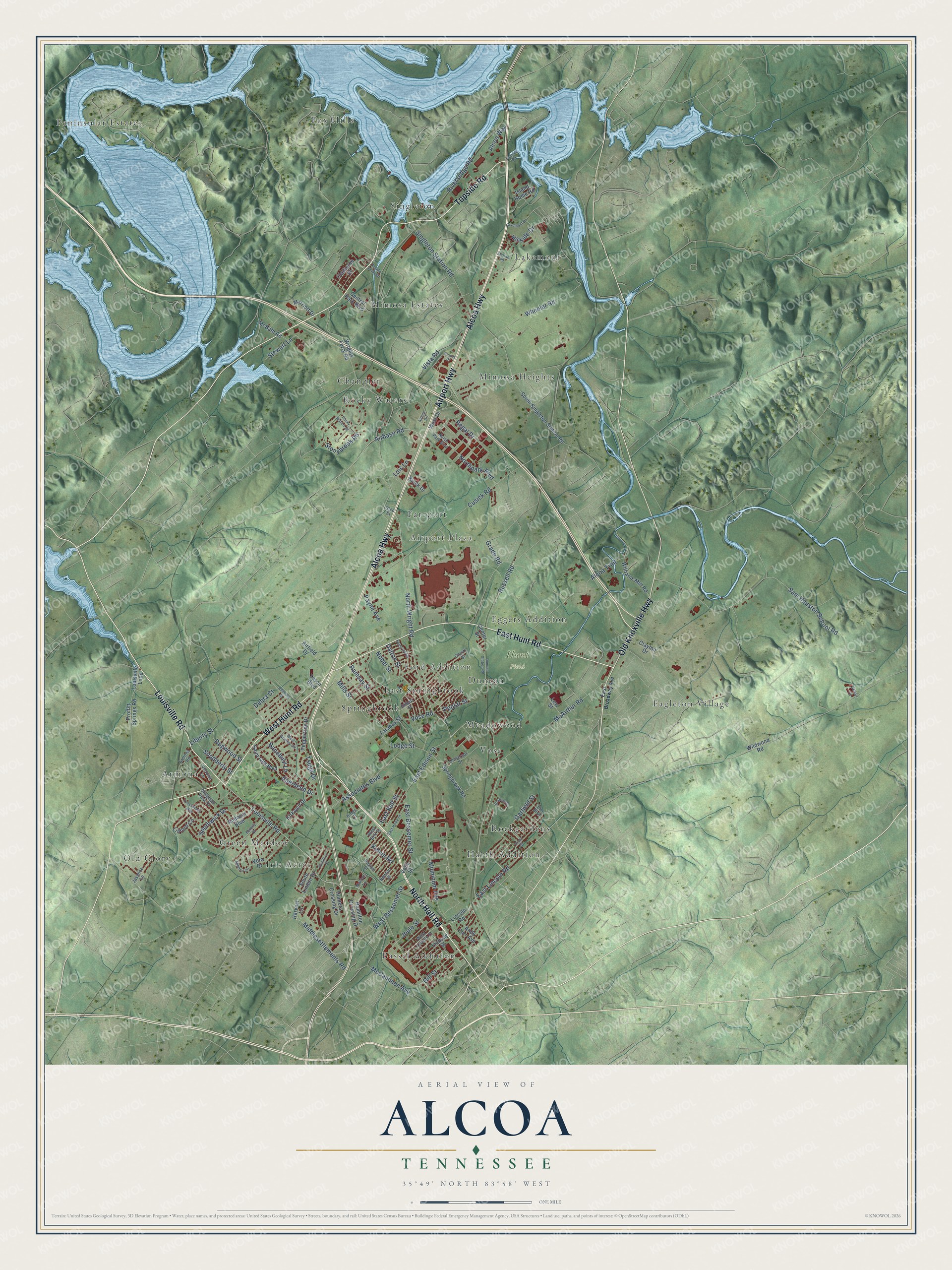 Full map of Alcoa, Tennessee, with red buildings, printed street names and the land around them