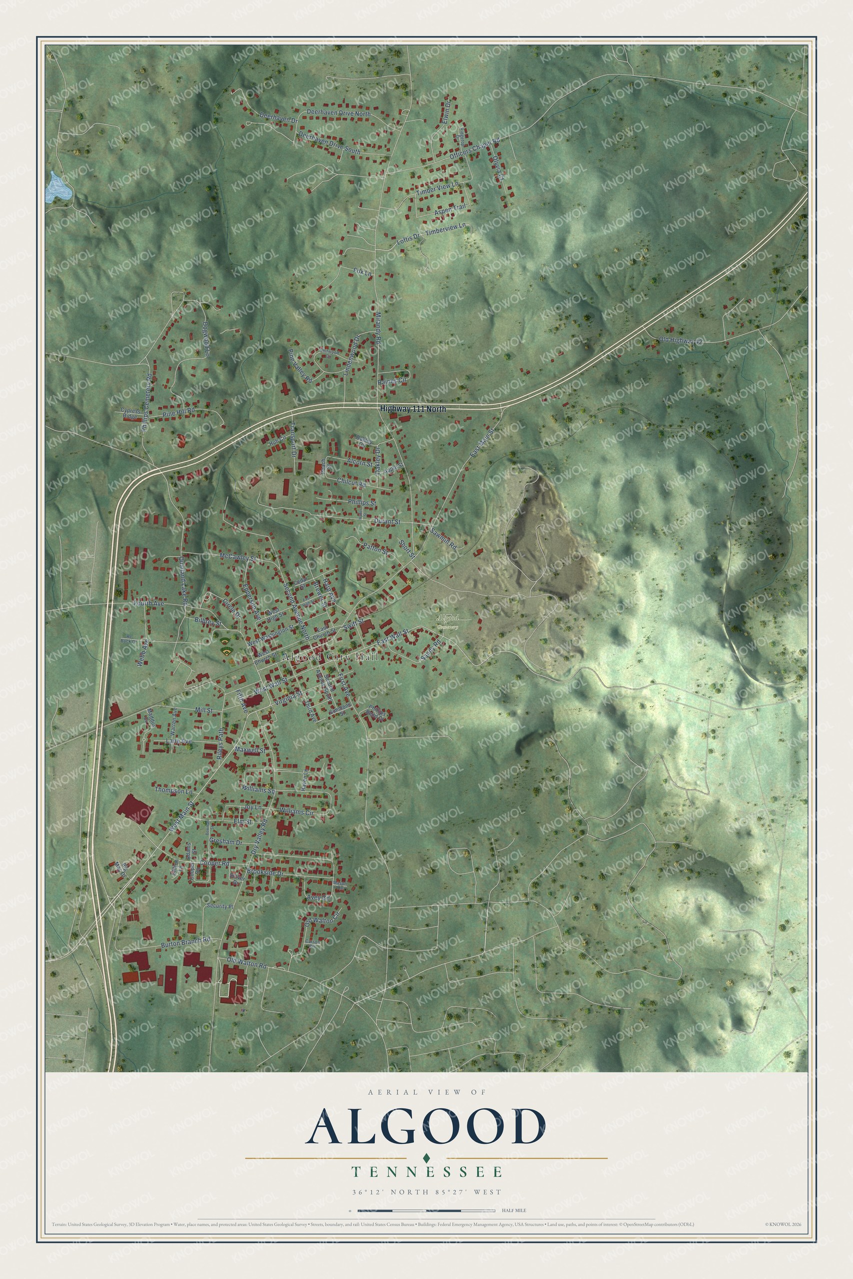 Full map of Algood, Tennessee, with red buildings, printed street names and the land around them