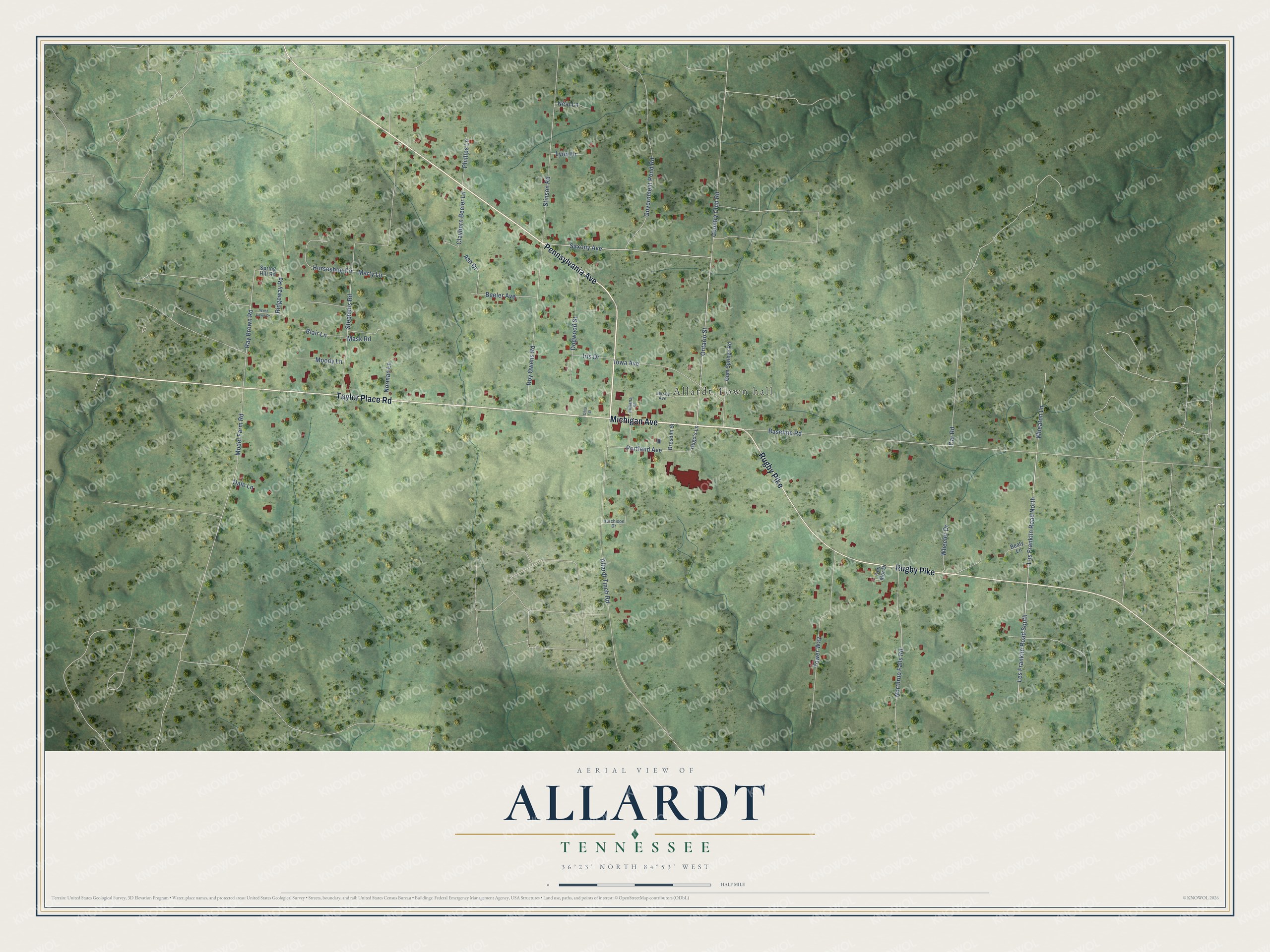 Full map of Allardt, Tennessee, with red buildings, printed street names and the land around them