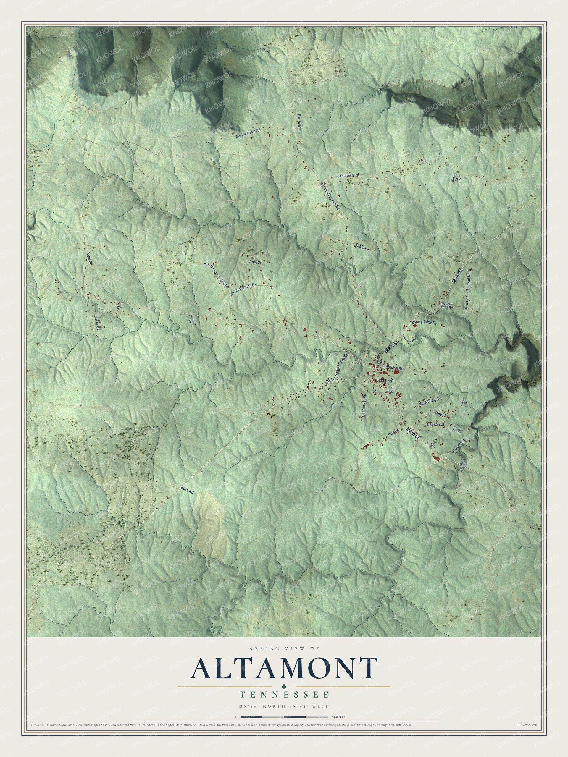 Full map of Altamont, Tennessee, with red buildings, printed street names and the land around them