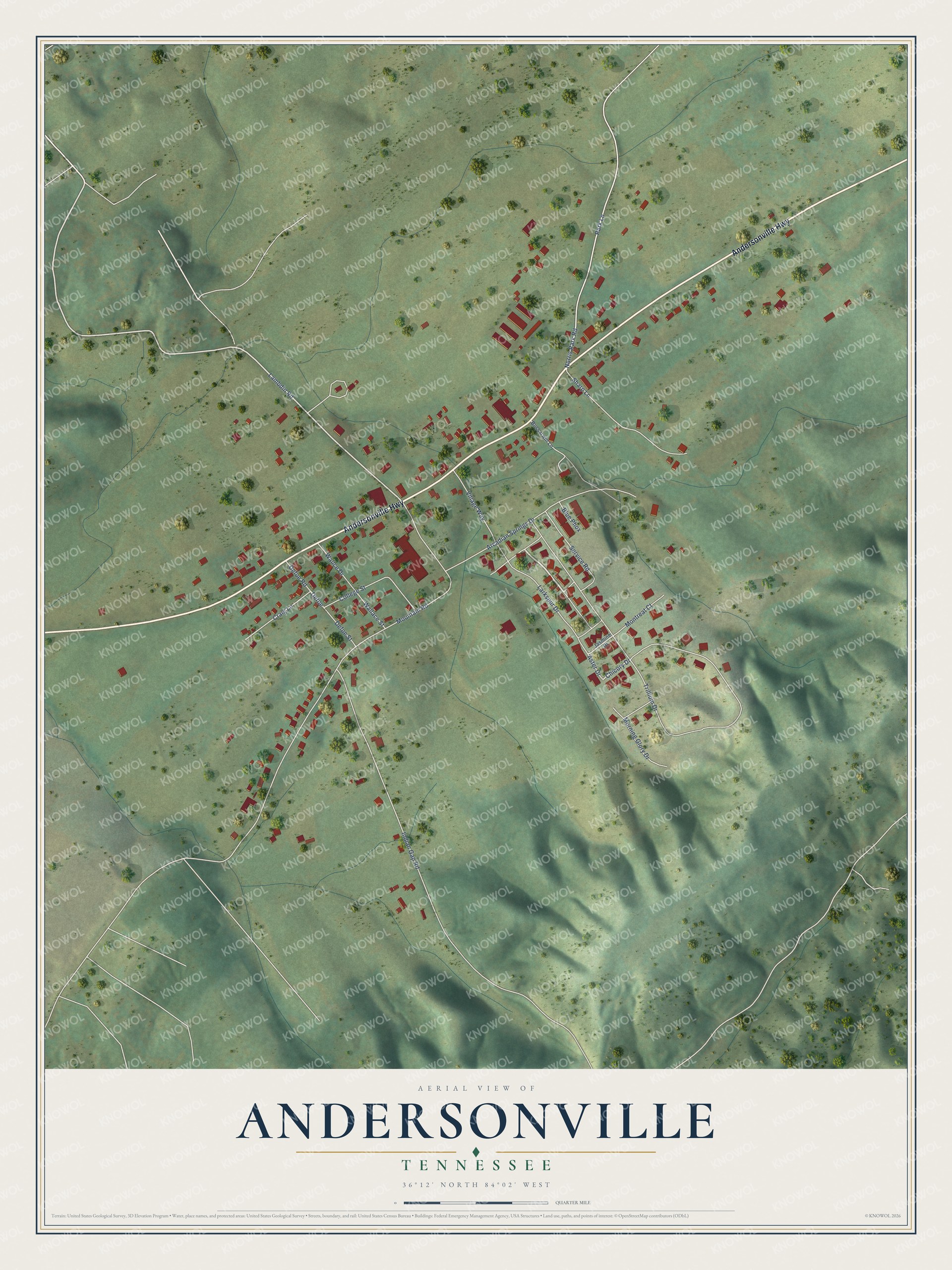 Full map of Andersonville, Tennessee, with red buildings, printed street names and the land around them