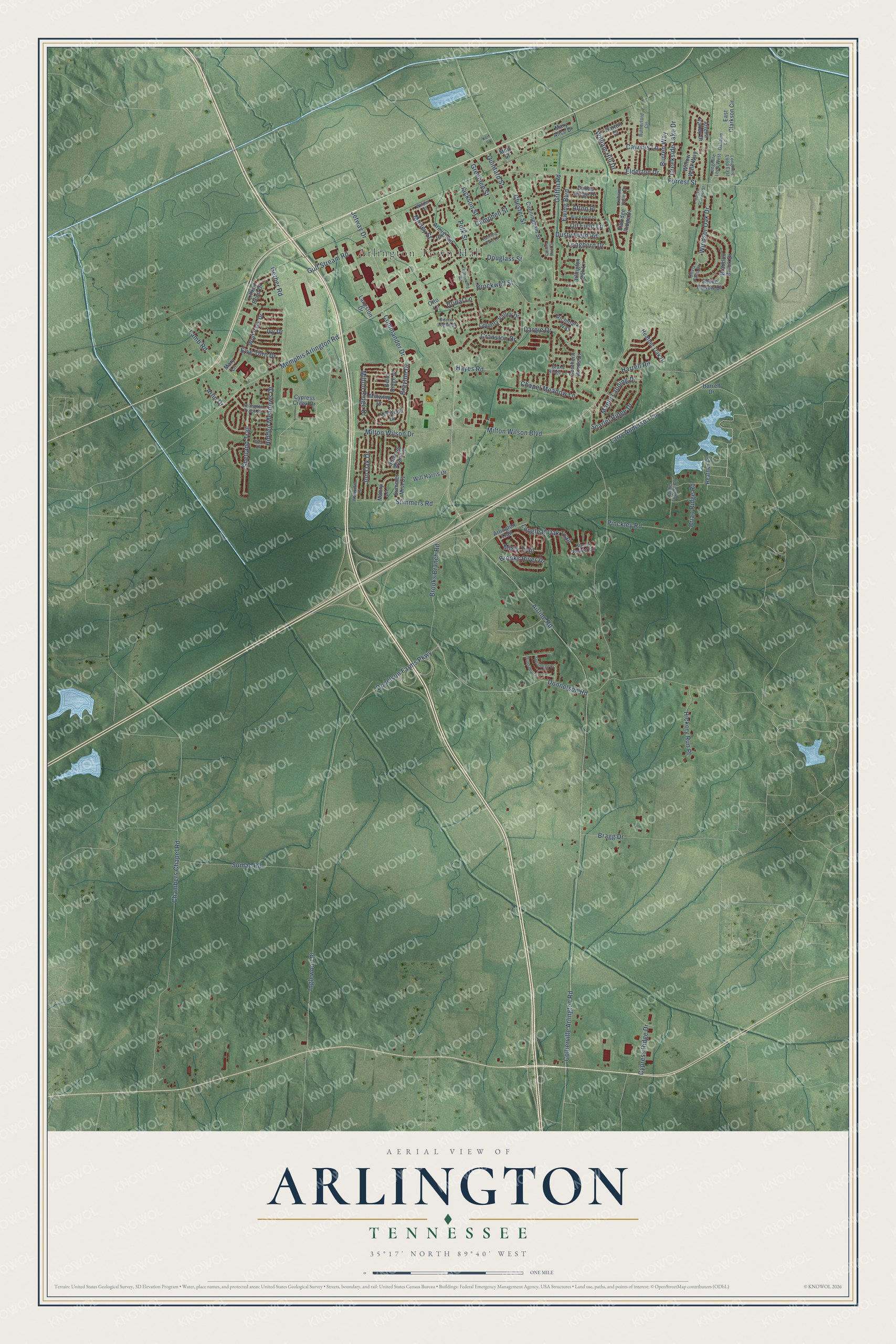 Full map of Arlington, Tennessee, with red buildings, printed street names and the land around them