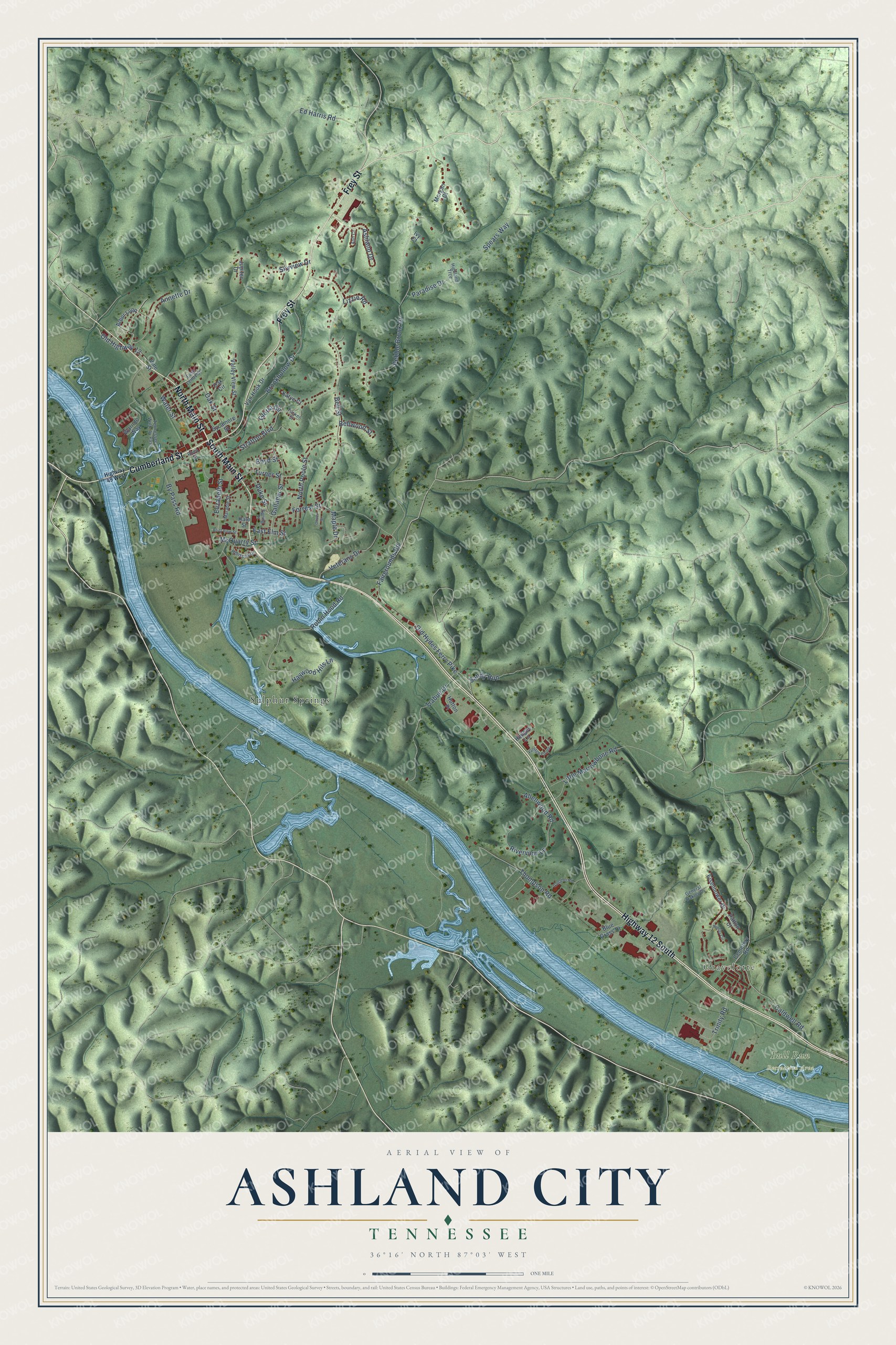 Full map of Ashland City, Tennessee, with red buildings, printed street names and the land around them