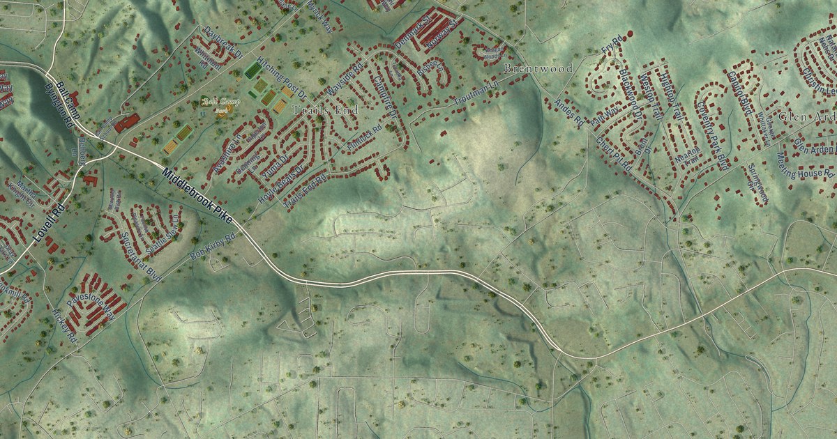 Close-up of streets and buildings in Ball Camp, Tennessee