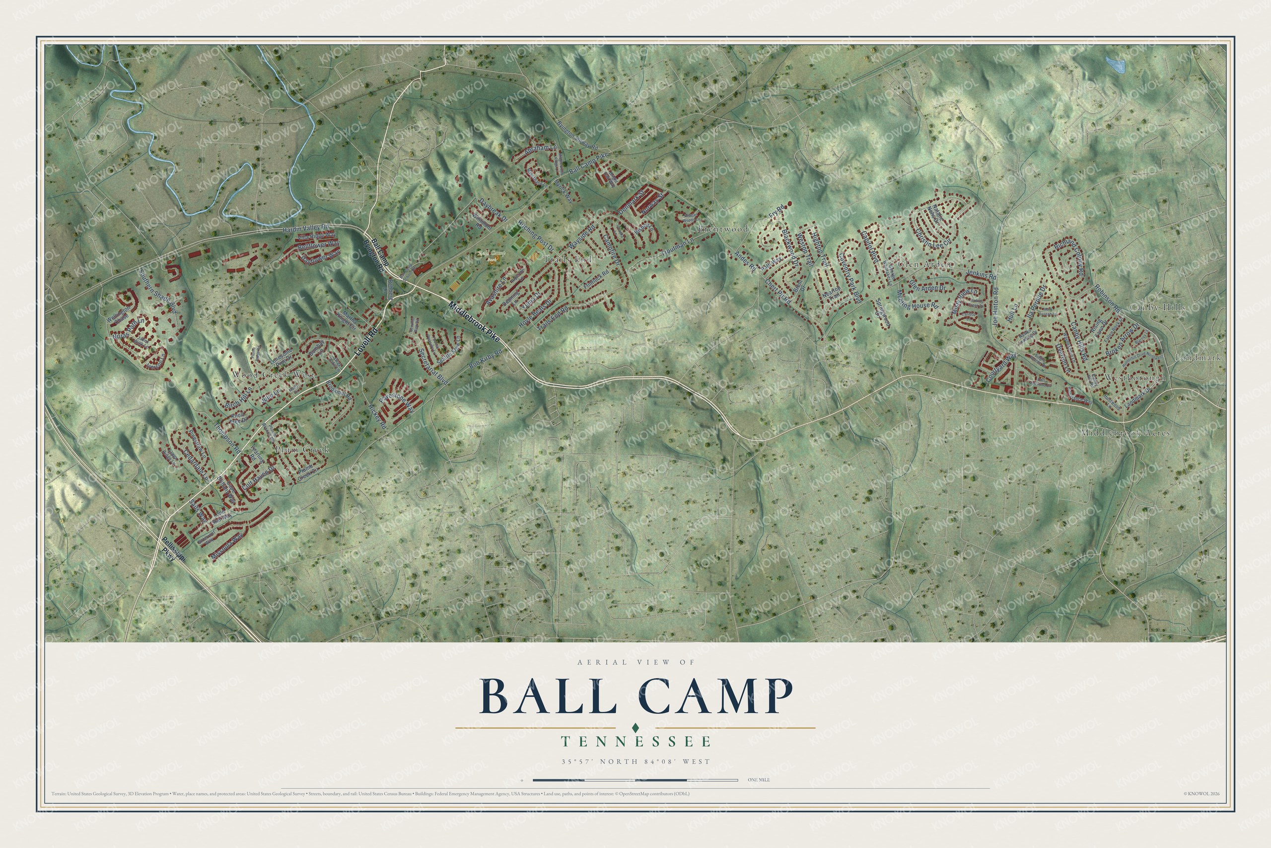 Full map of Ball Camp, Tennessee, with red buildings, printed street names and the land around them