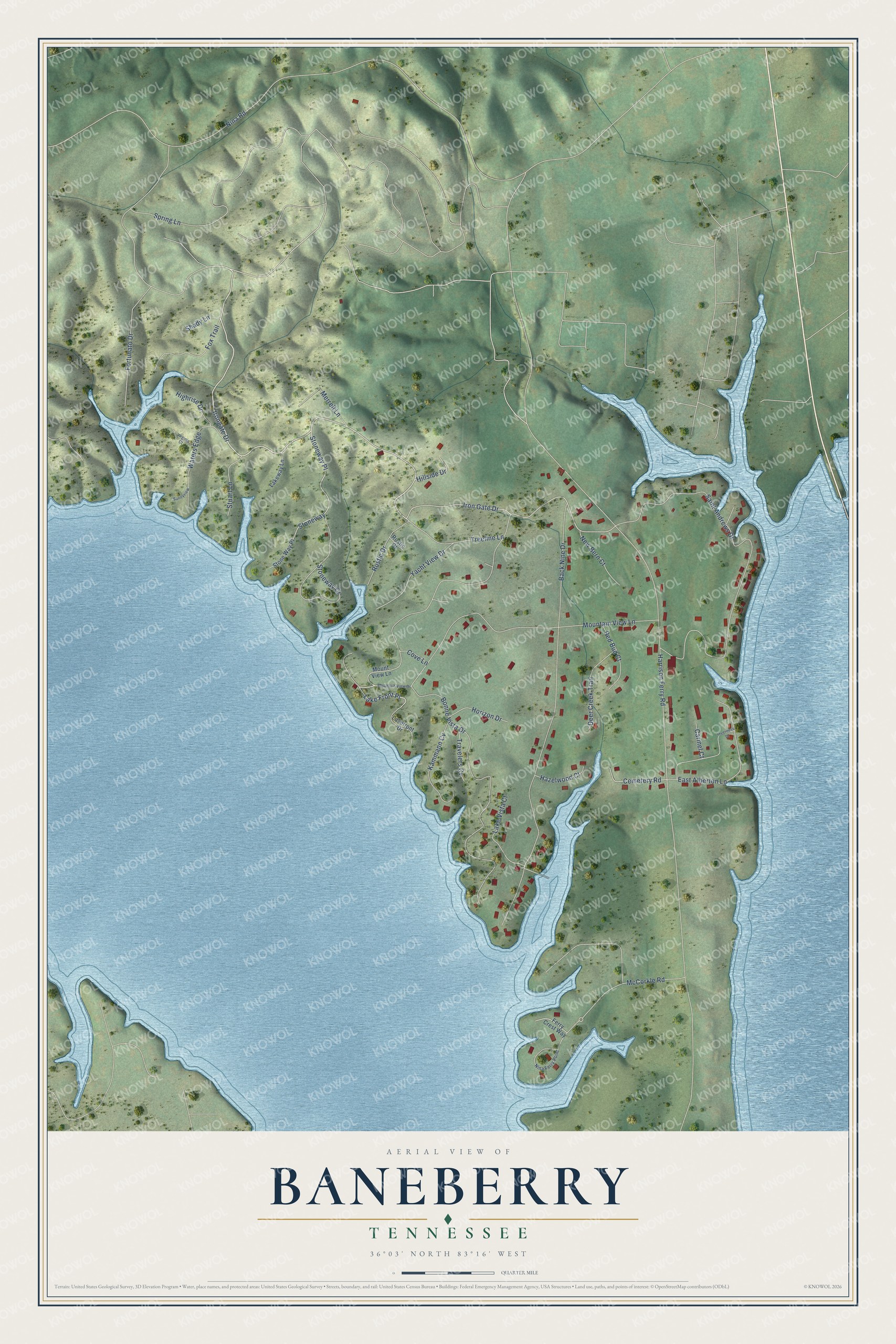 Full map of Baneberry, Tennessee, with red buildings, printed street names and the land around them