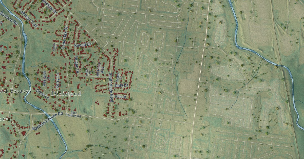 Close-up of streets and buildings in Barfield, Tennessee