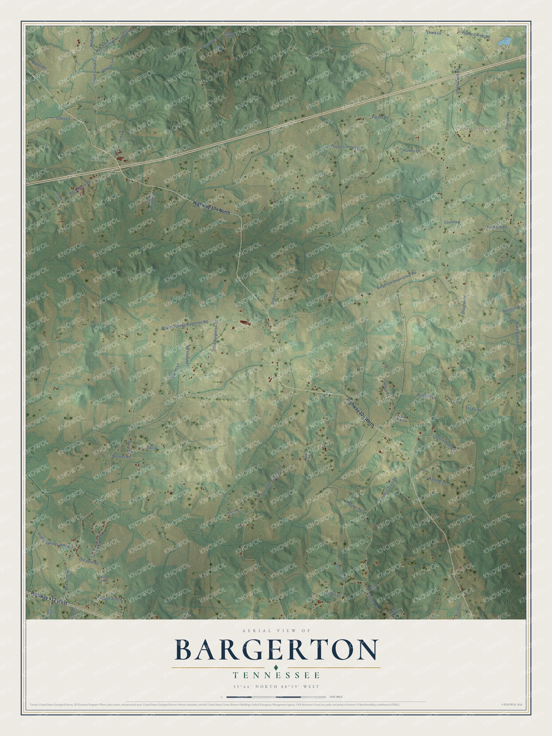 Full map of Bargerton, Tennessee, with red buildings, printed street names and the land around them
