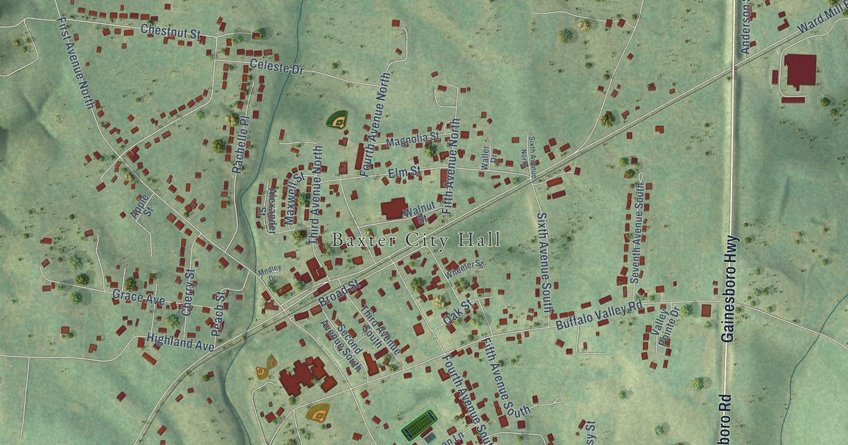 Map of Baxter, Tennessee in 2026